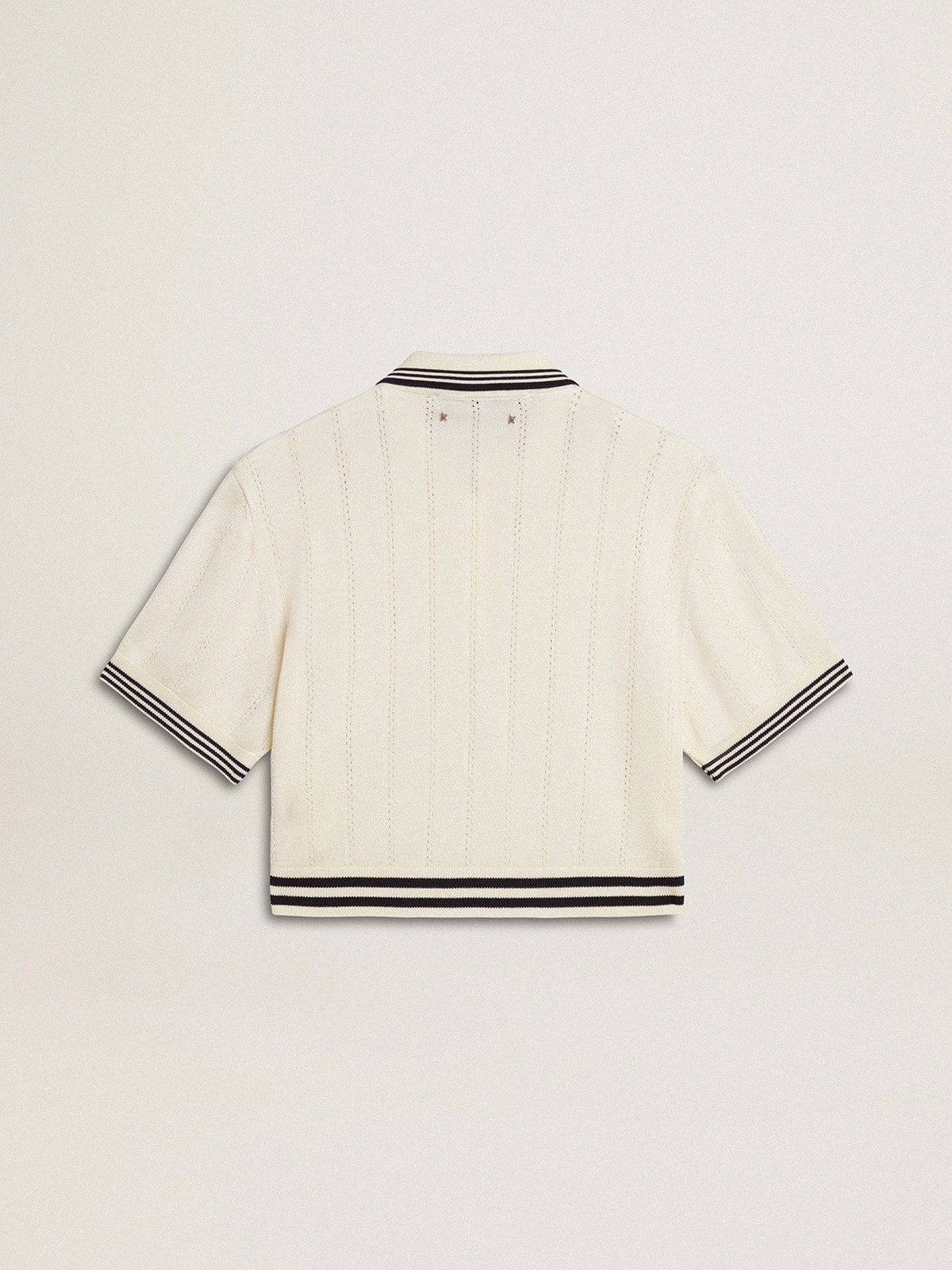 Women's cropped worn-white cotton polo shirt with blue ribbing - 2