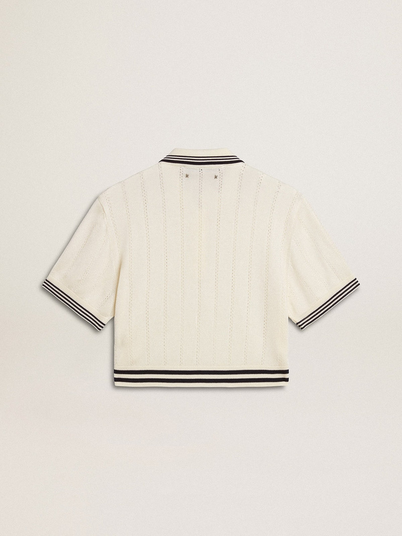 Golden Goose Women's cropped worn-white cotton polo shirt with blue ribbing outlook