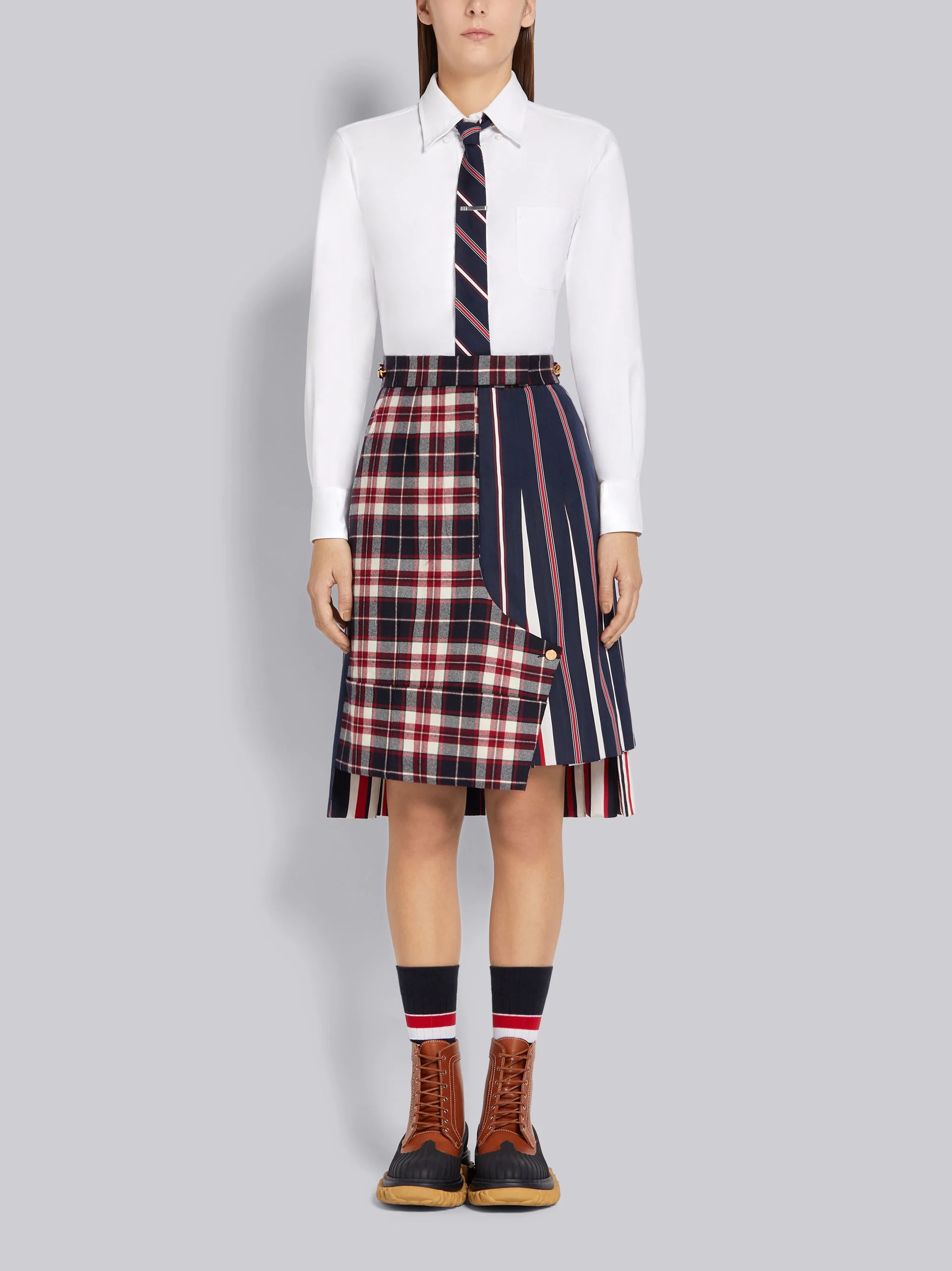 Multicolor Stripe Silk and Cotton Tie Jacquard Pleated Mini Sack Skirt - 4