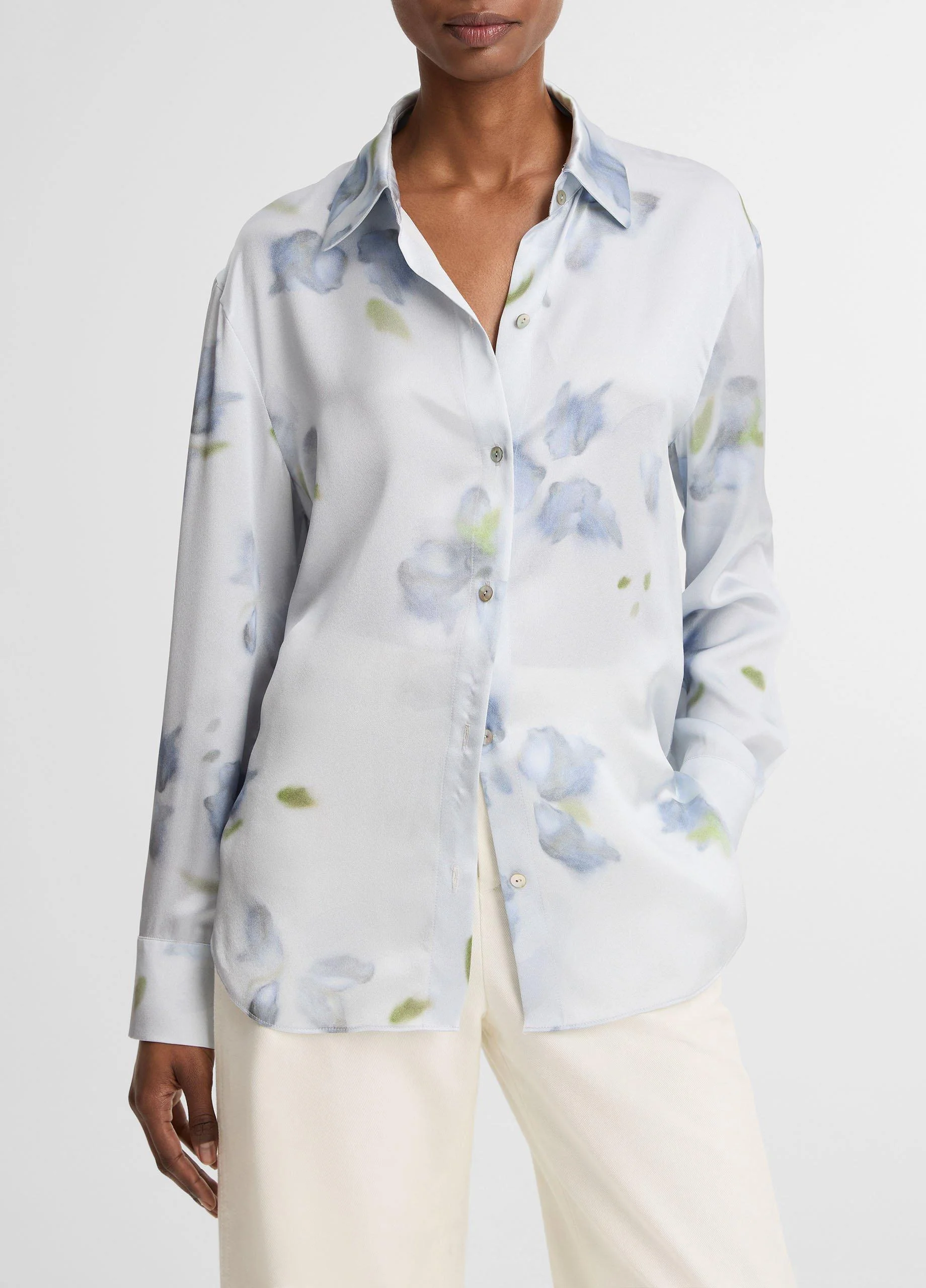 Petal Blur Silk Relaxed Button-Front Shirt - 1