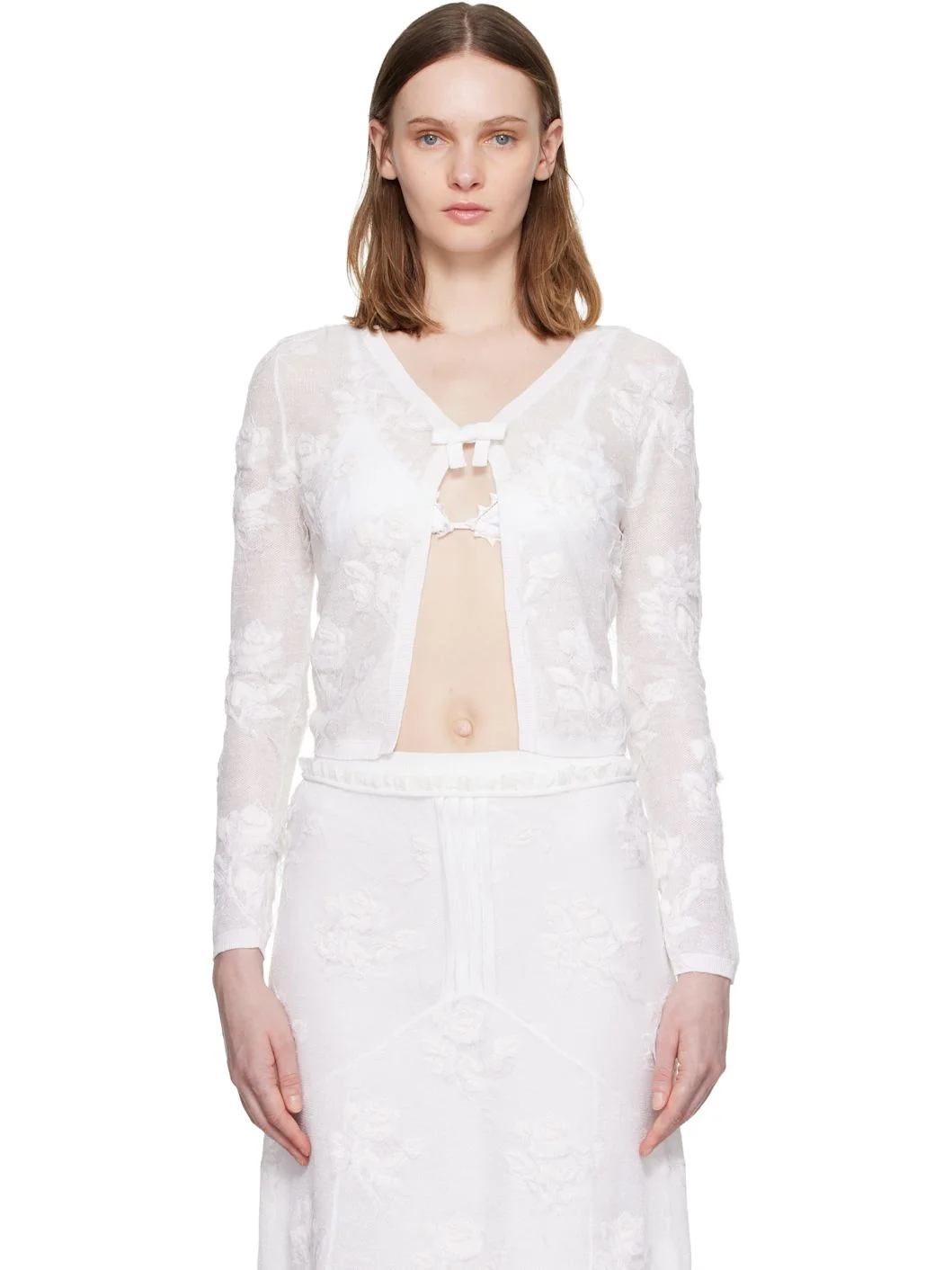 White Threadwork Bow Cardigan - 1