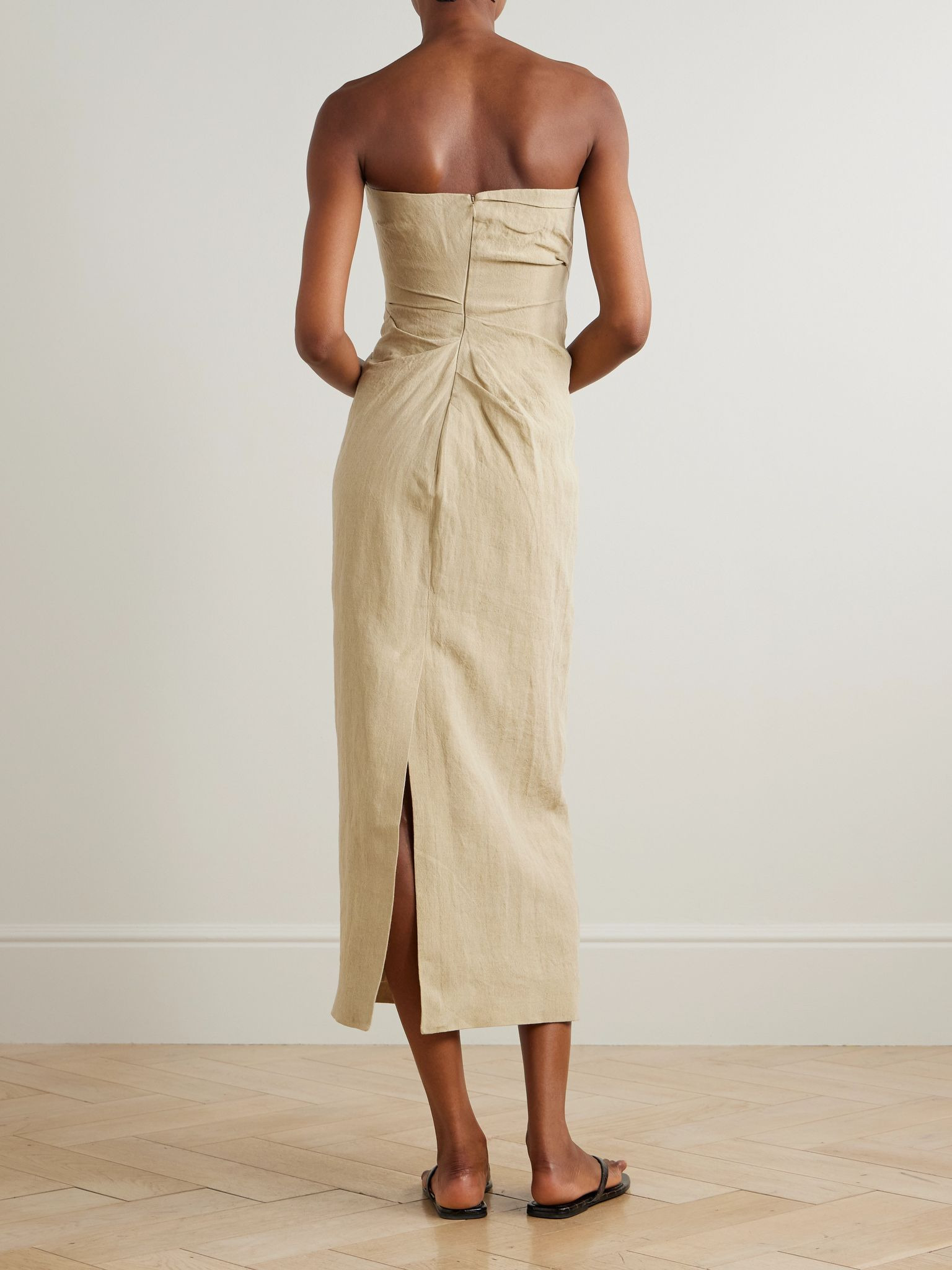 Sabella strapless gathered linen midi dress Stone - 3
