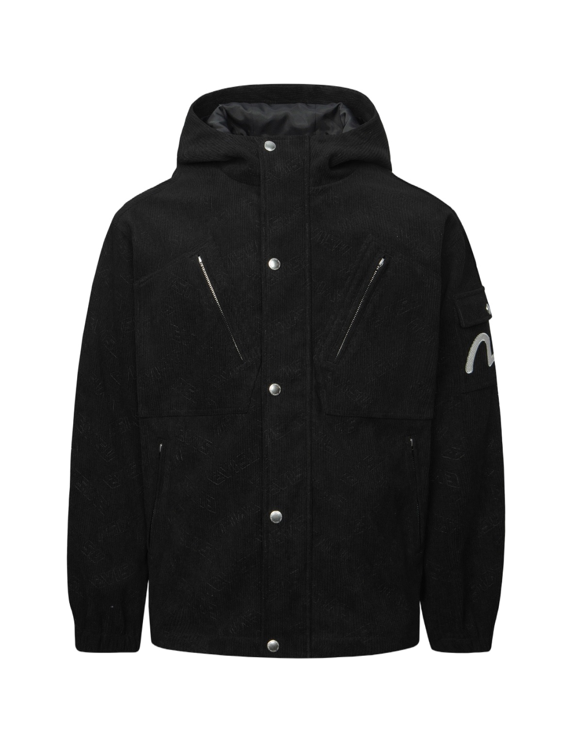 ALLOVER DEBOSS LOGO AND SEAGULL EMBROIDERY LOOSE FIT HOODED CORDUROY JACKET - 9