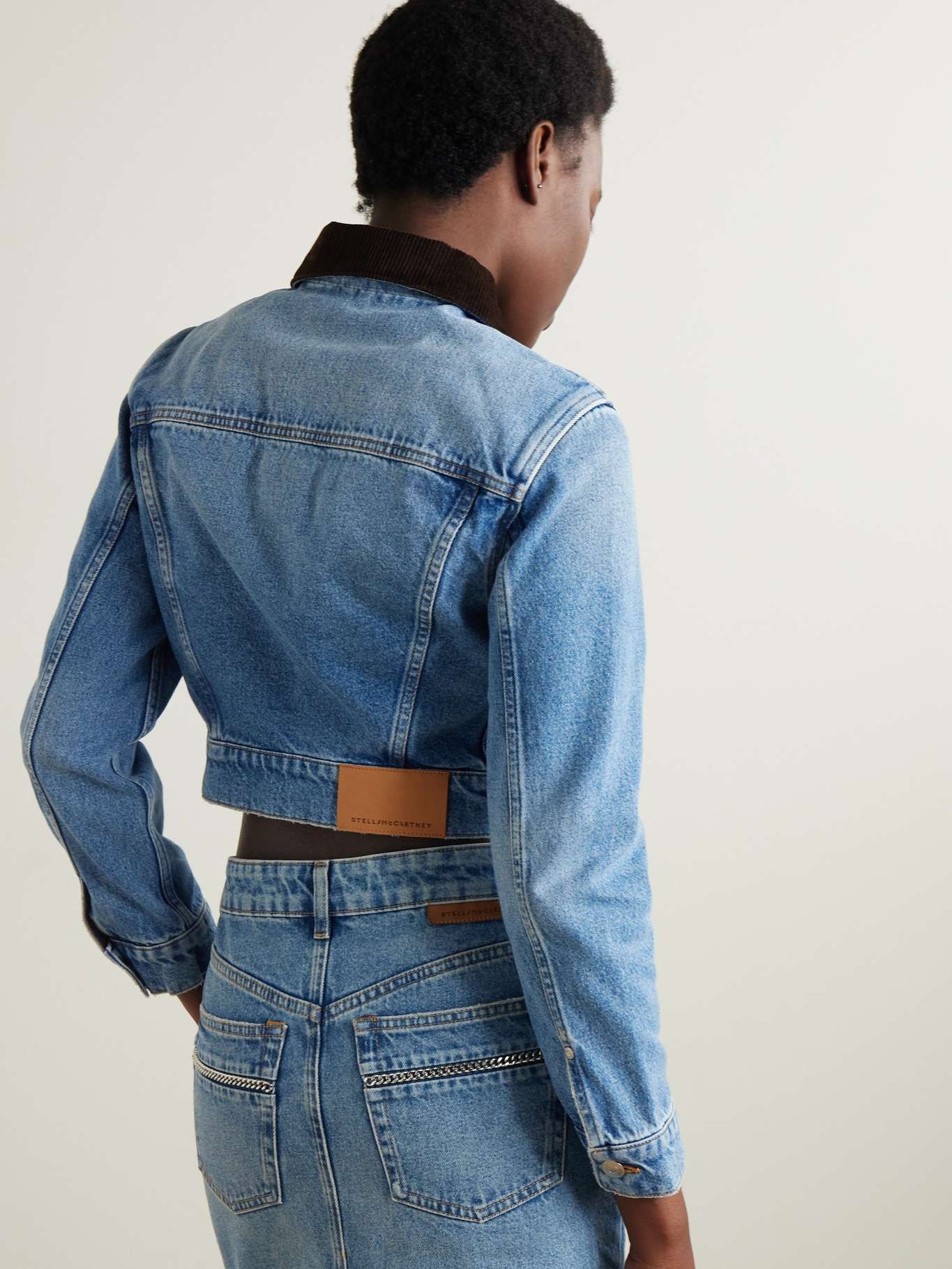 Cropped cotton-corduroy trimmed organic denim jacket Blue - 3