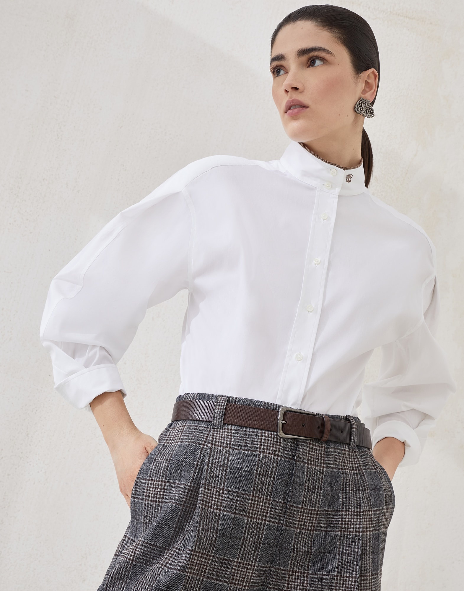 Stretch cotton poplin shirt with shiny collar detail - 4