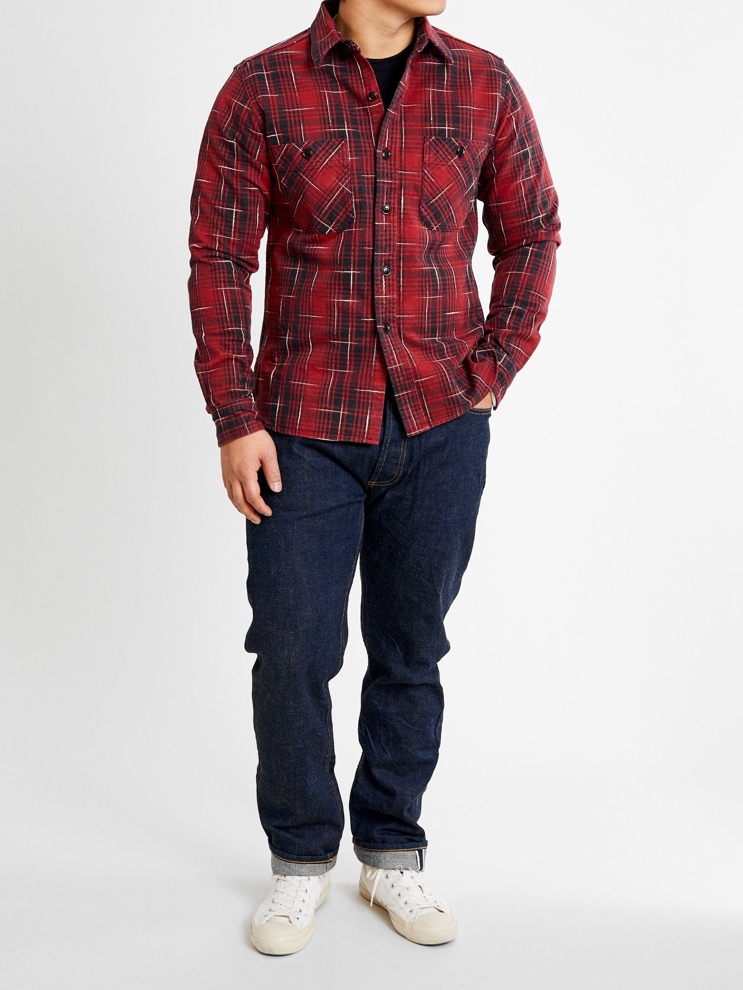 "Midare Kasuri" Heavyweight Flannel Overshirt in Red - 10