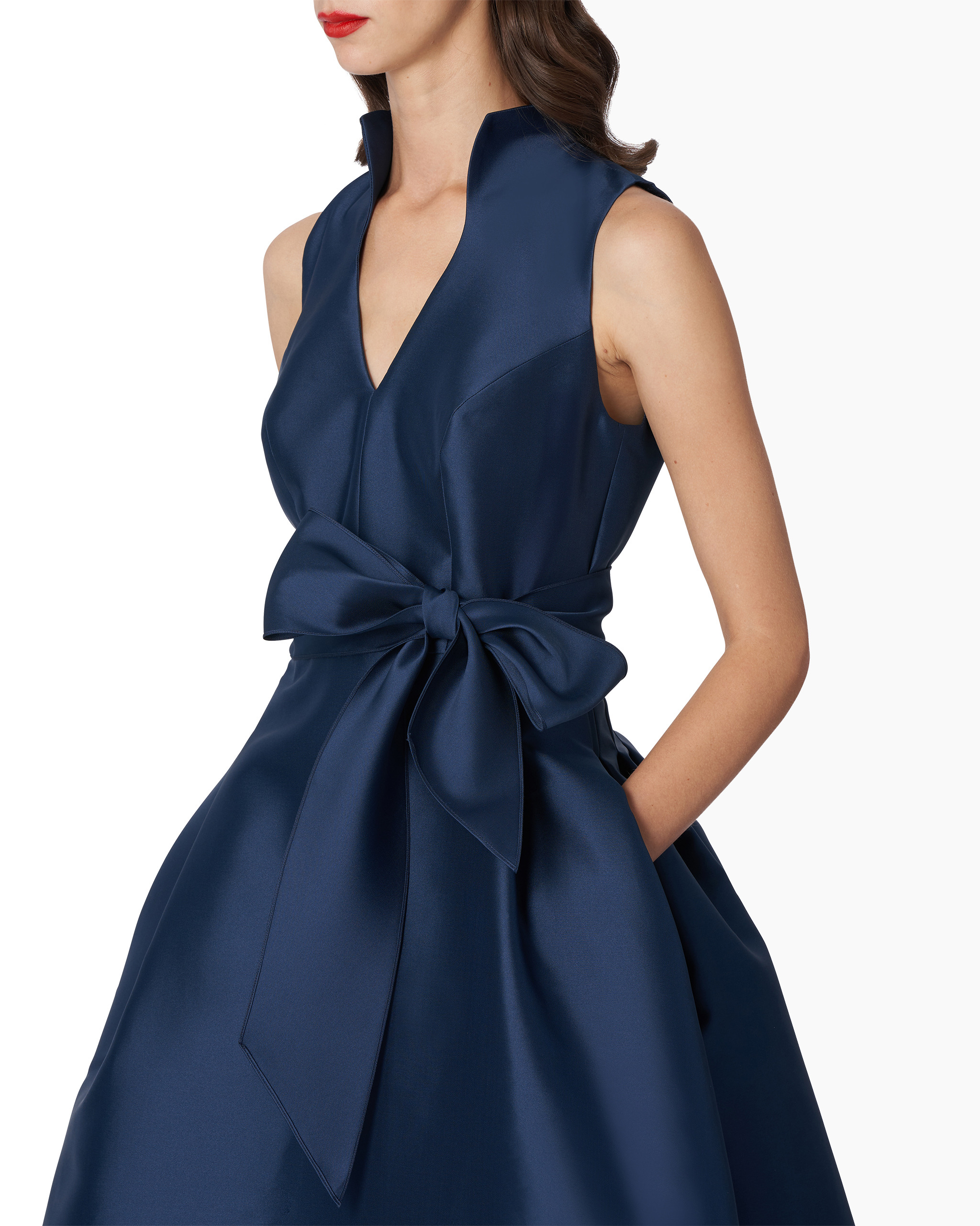 V-neck Gown With Stand Collar And Self Belt - 4