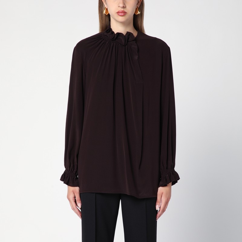 Brown Silk Ruffle Neck Shirt - 1