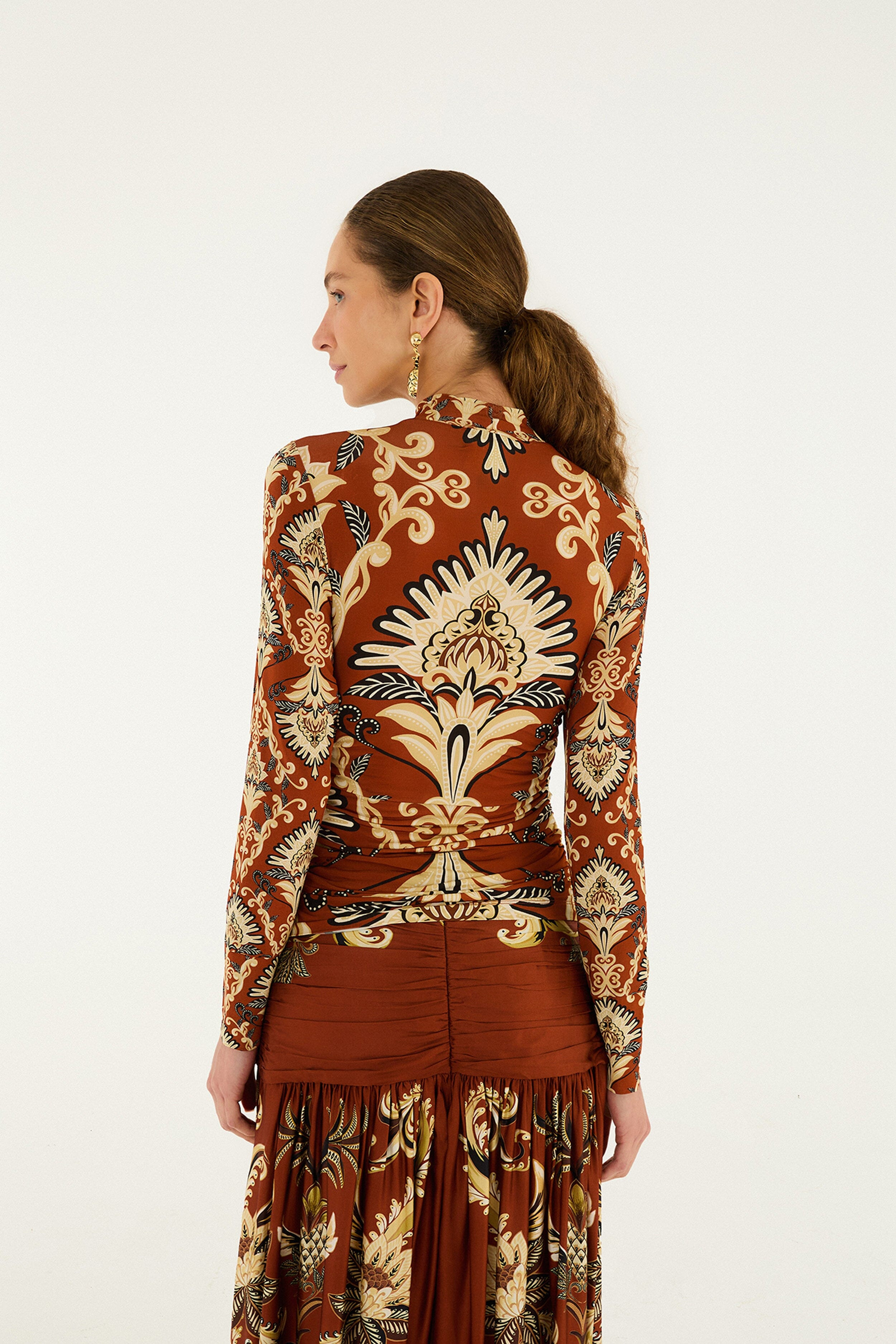 Orange Arabesque Paradise Long Sleeve Blouse - 3