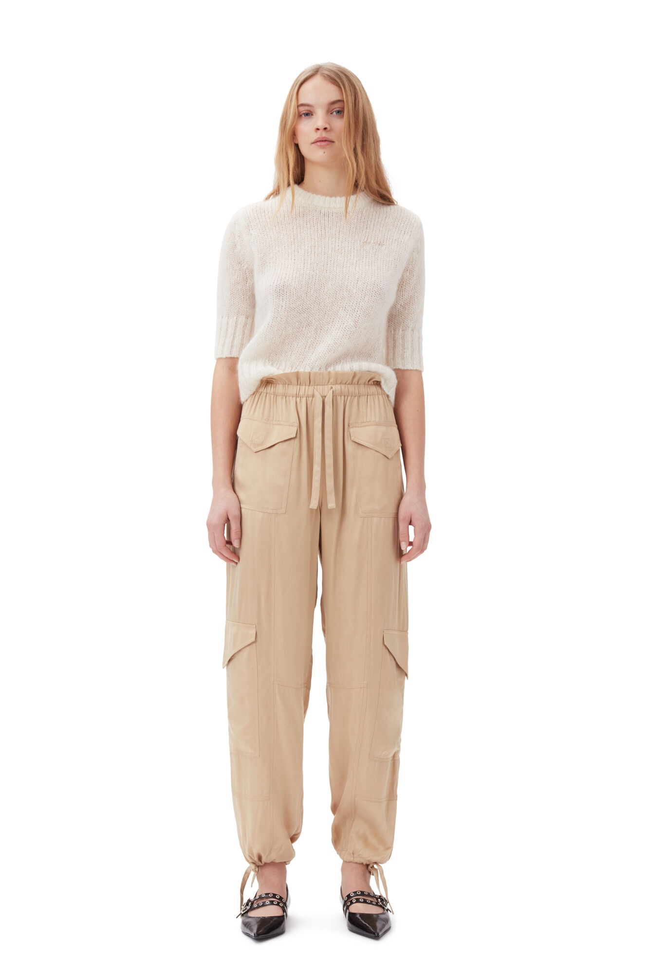 BEIGE WASHED SATIN POCKET PANTS - 3