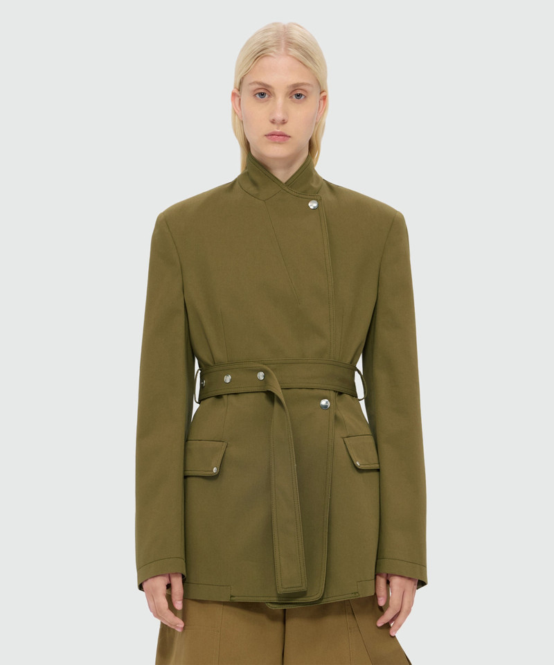 MSGM Military green double-breasted cotton gabardine jacket with belt and visible metal buttons outlook