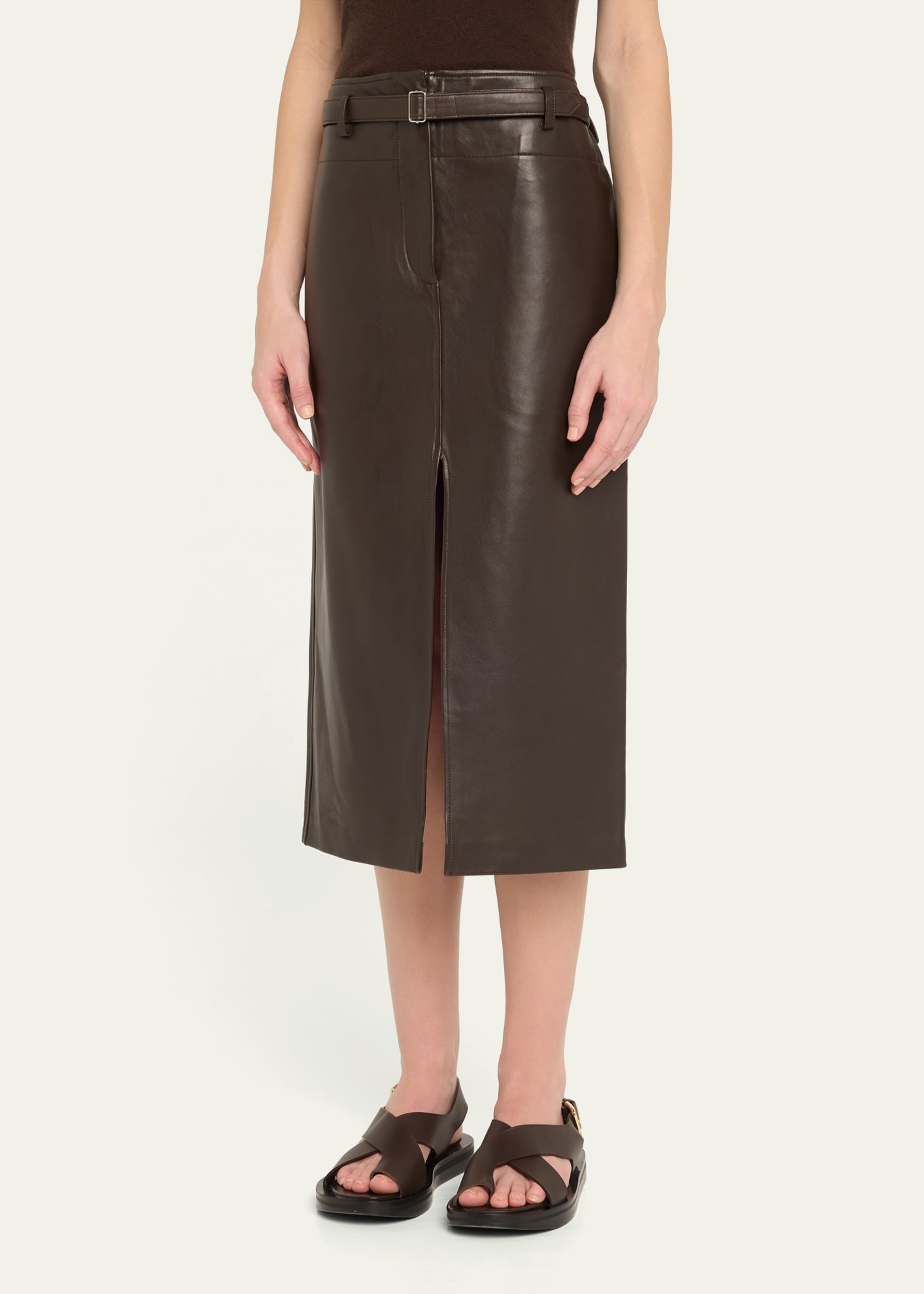 Leather Belted Front Split Midi Skirt - 4