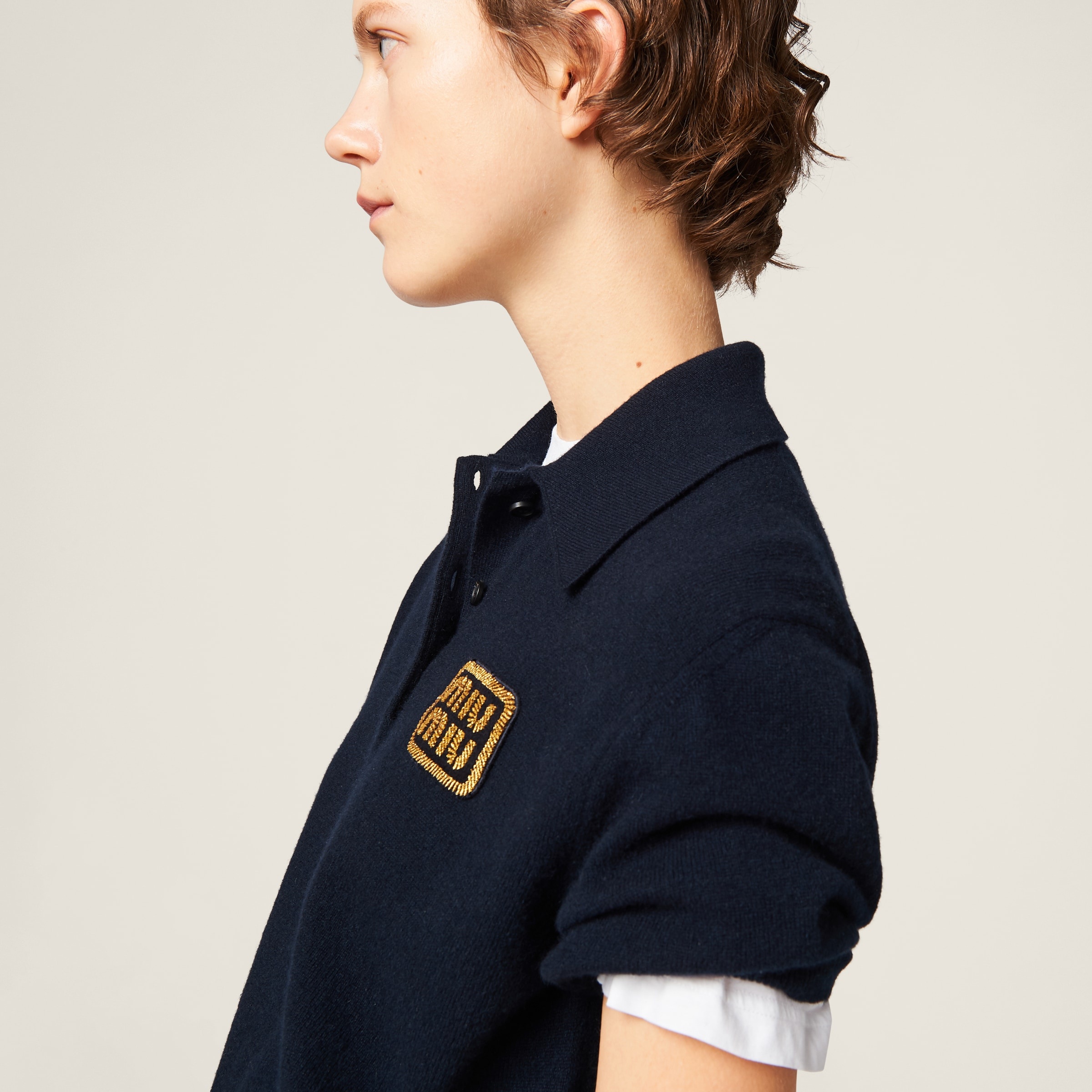 関税込【MiuMiu】Layered wool and cashmere polo shirt Layered wool and cashmere polo shirt in brown - Miu Miu