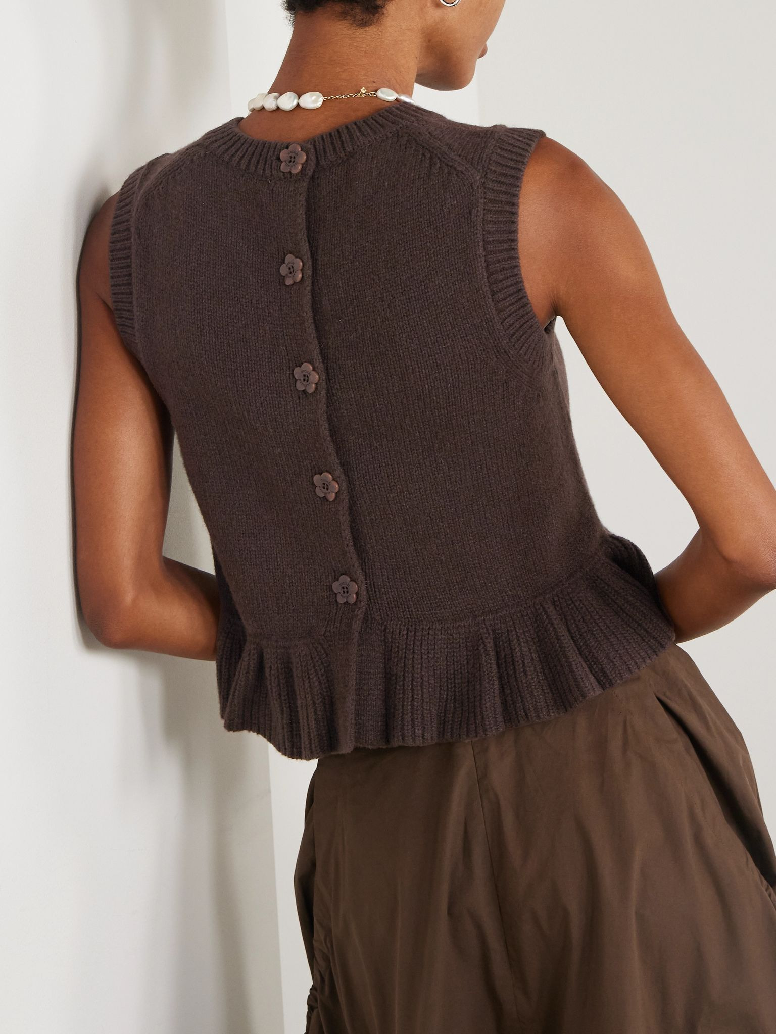 Bill ruffled cashmere and wool-blend peplum tank Brown - 3
