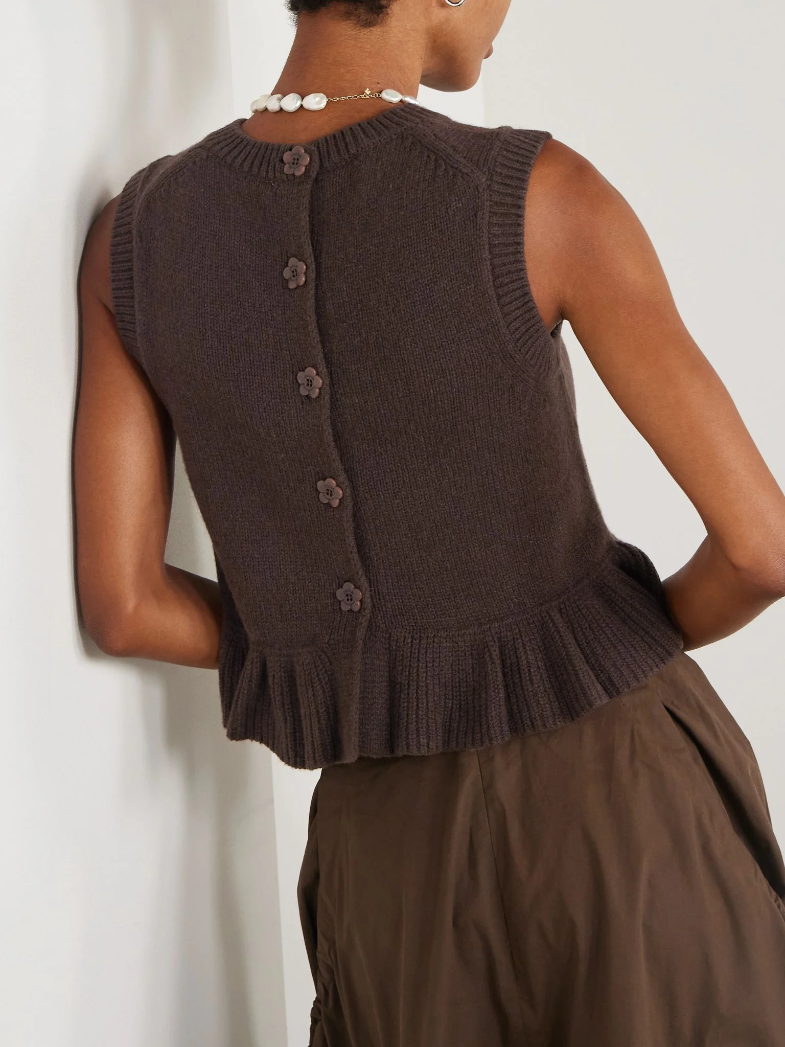 CECILIE BAHNSEN Bill ruffled cashmere and wool-blend peplum tank