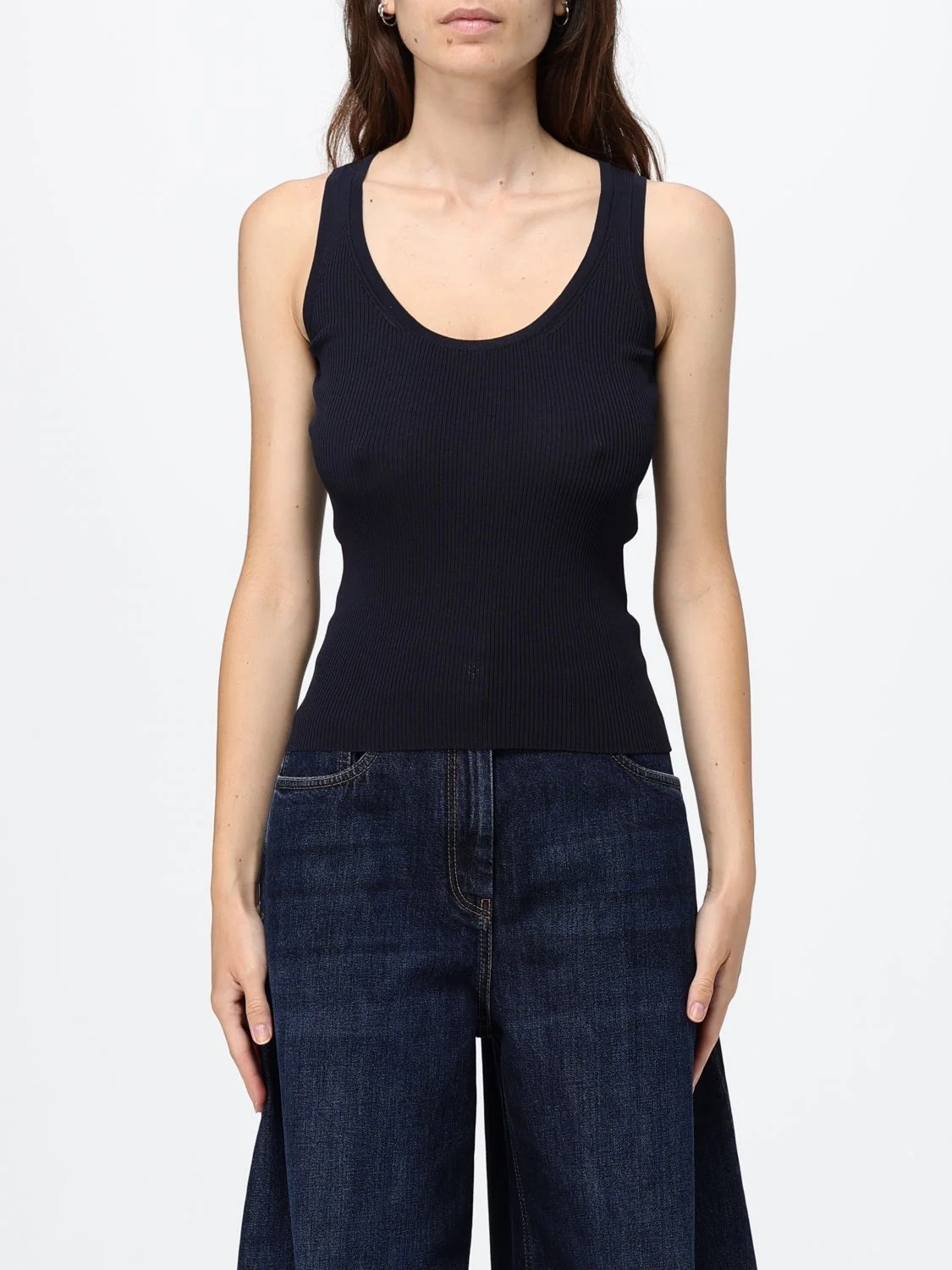 Max Mara Women Max Mara Slim Fit Ribbed Cotton Knit U-Neck Top - 1