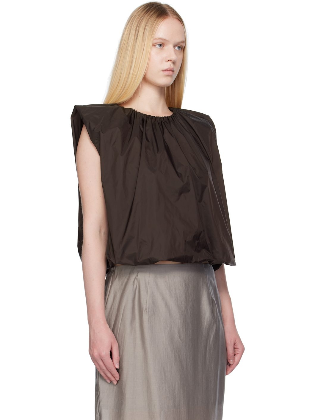 Brown Nylon Volume Shirring Top - 2