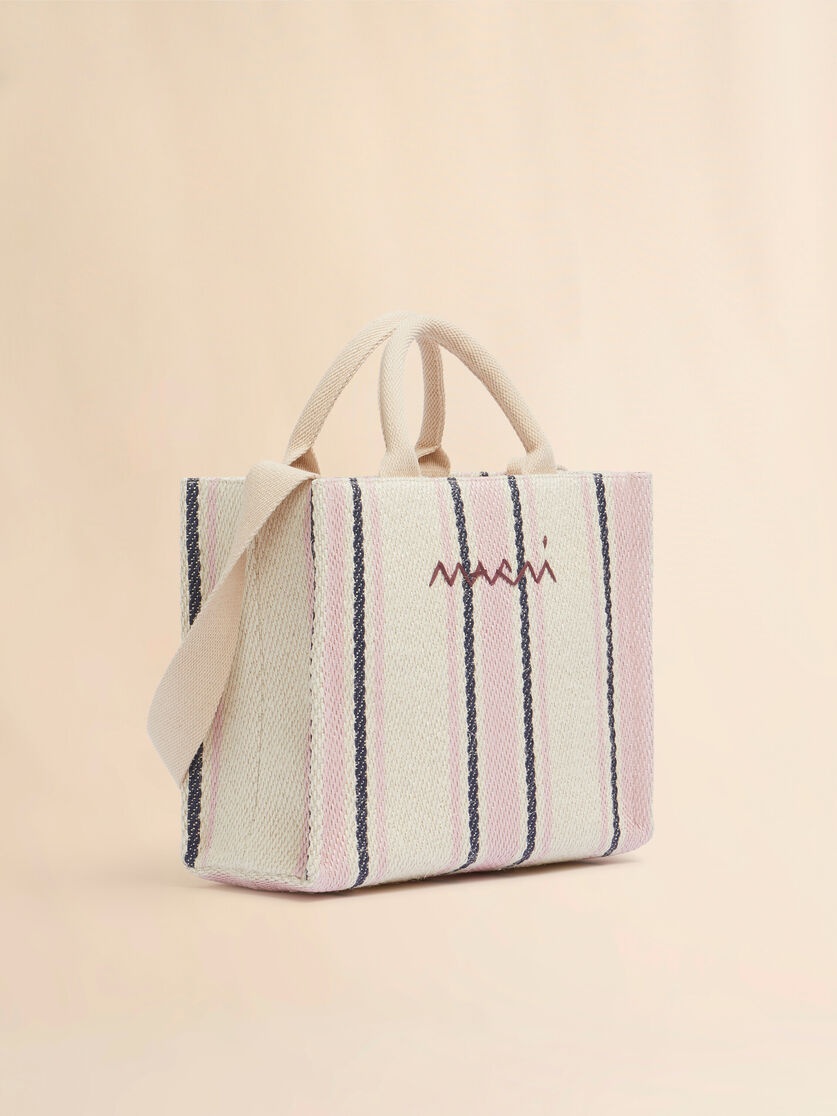 CREAM PINK AND BLUE STRIPED RAFFIA-EFFECT SMALL TOTE BAG. - 5