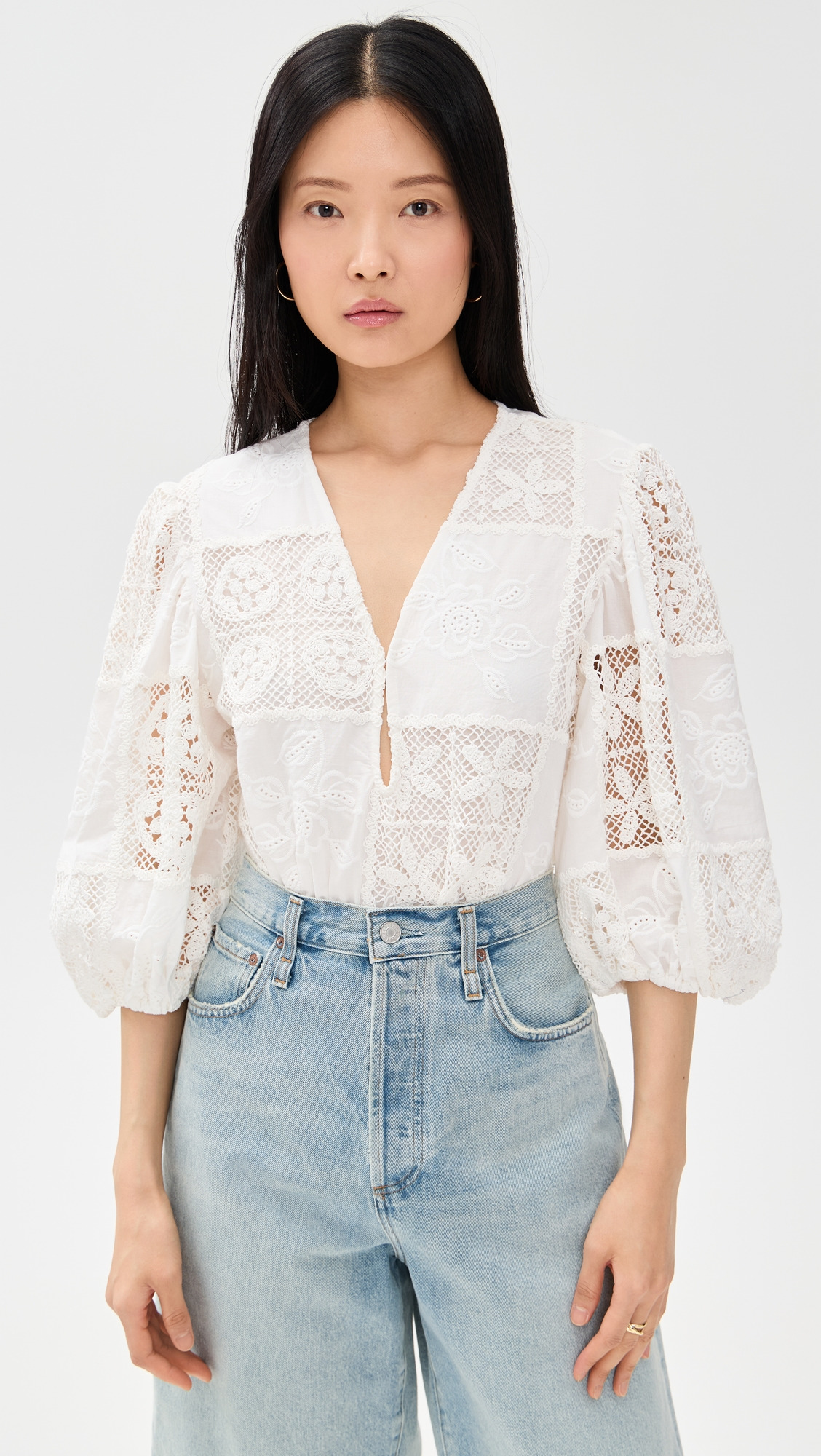 Off-White Rosy Eyelet Puffy Sleeve Thong Bodysuit - 6