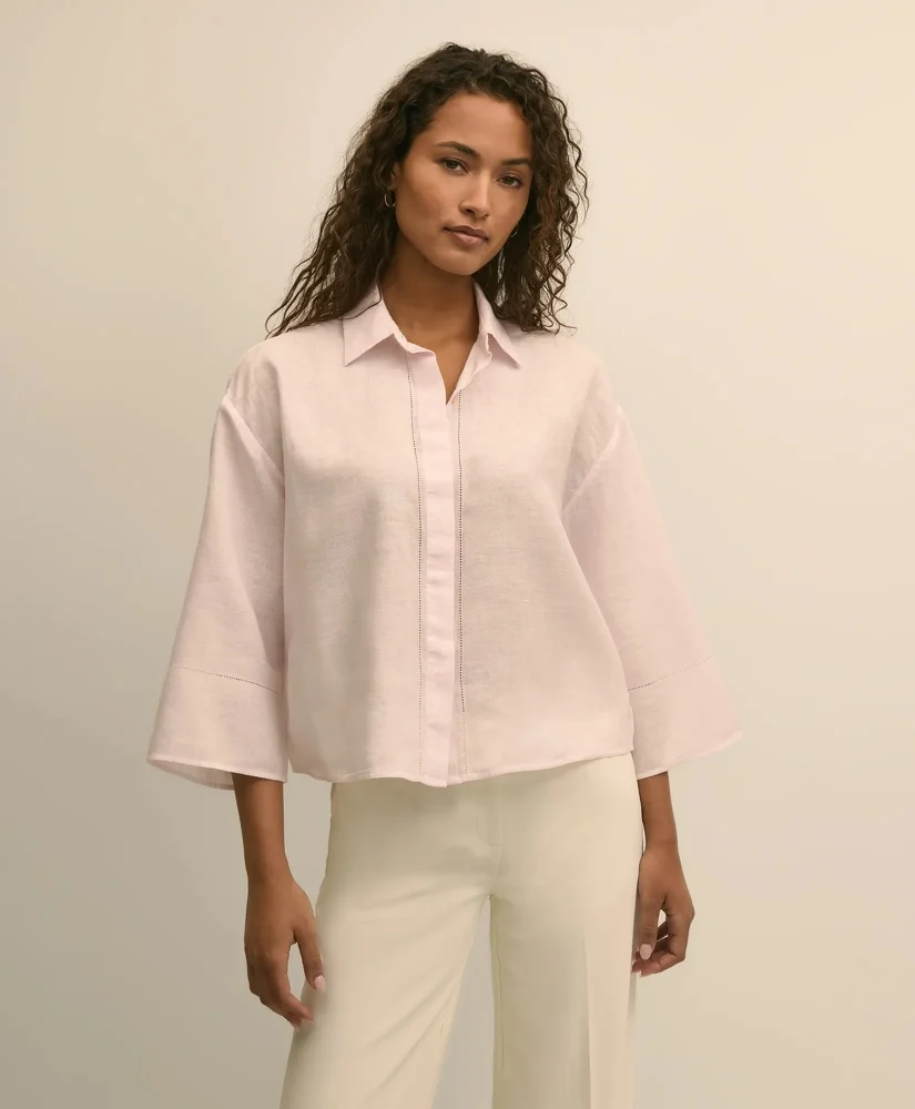 Linen Relaxed Bell-Sleeve Cropped Shirt - 1