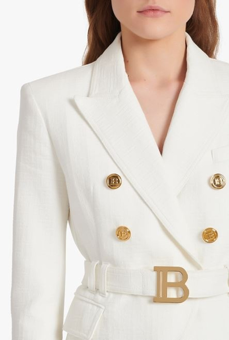 Double-breasted white cotton blazer with Balmain buckle 6