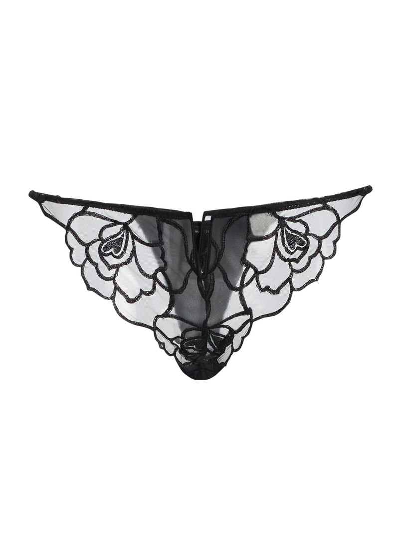 Women's Petite Chou Floral-Embroidered Lace Thong - Black 1