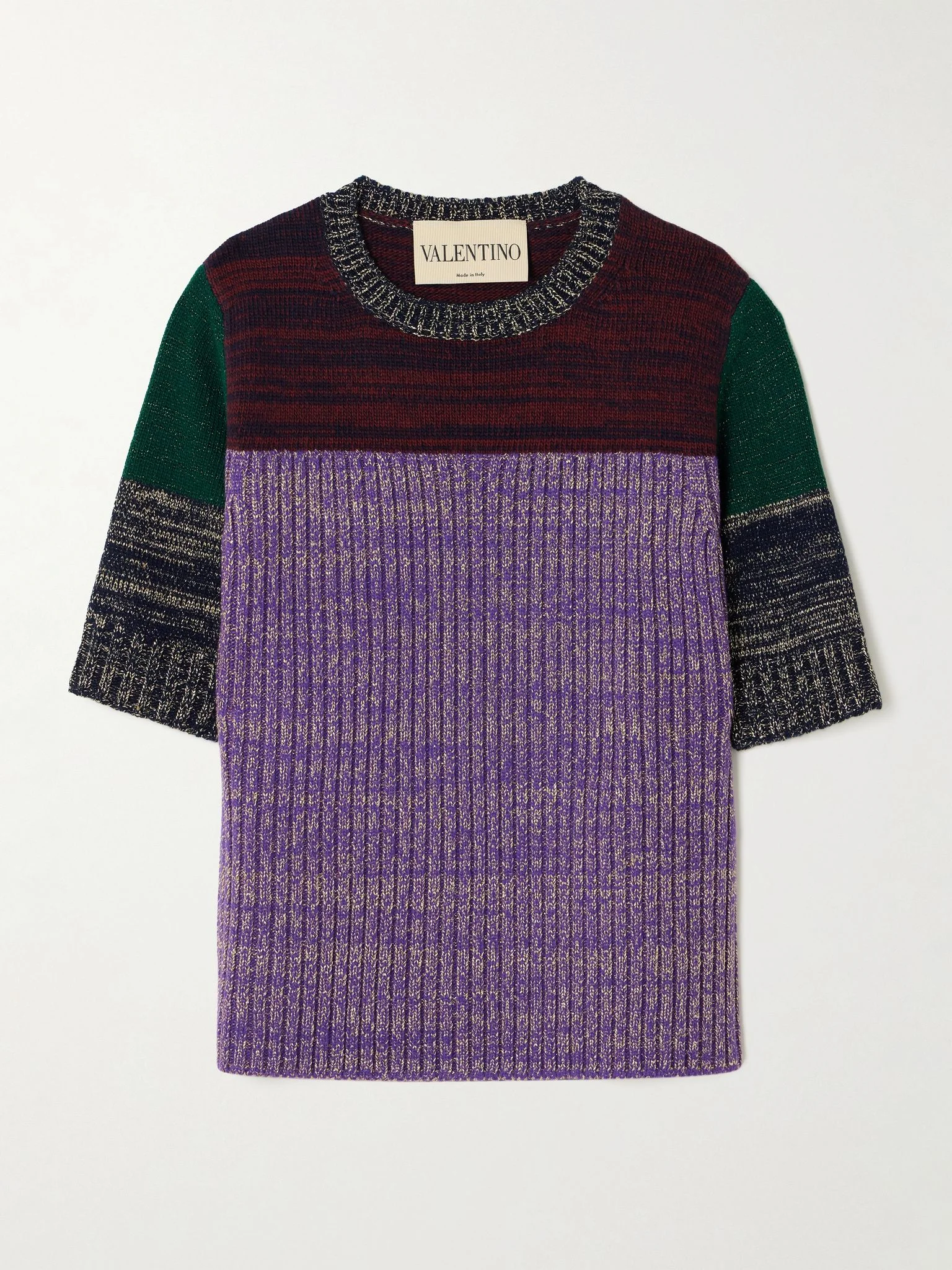 Color-block metallic ribbed wool-blend sweater Purple - 1