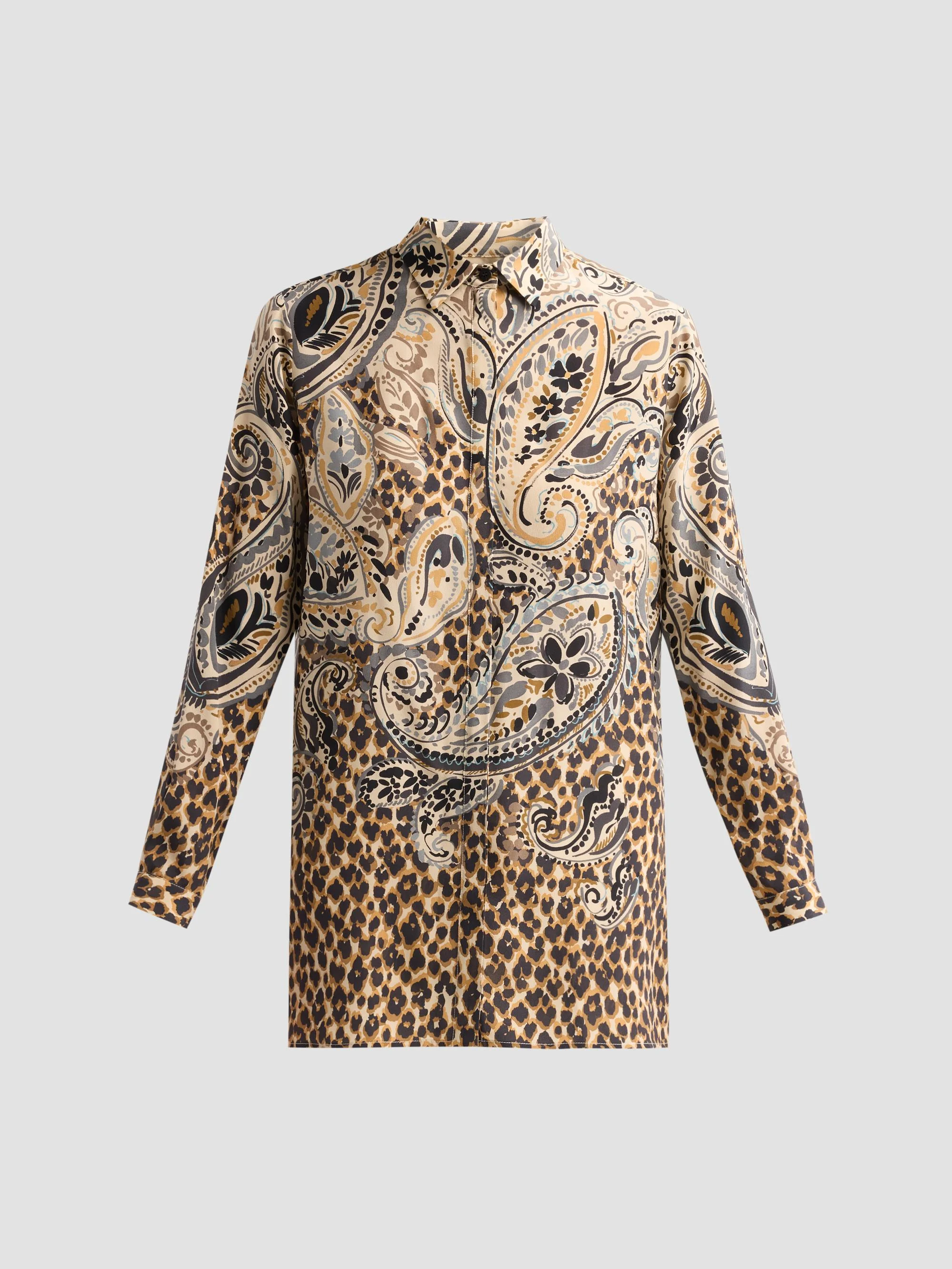Women's Paisley Leopard Print Silk Shirt - Printed Beige - 1