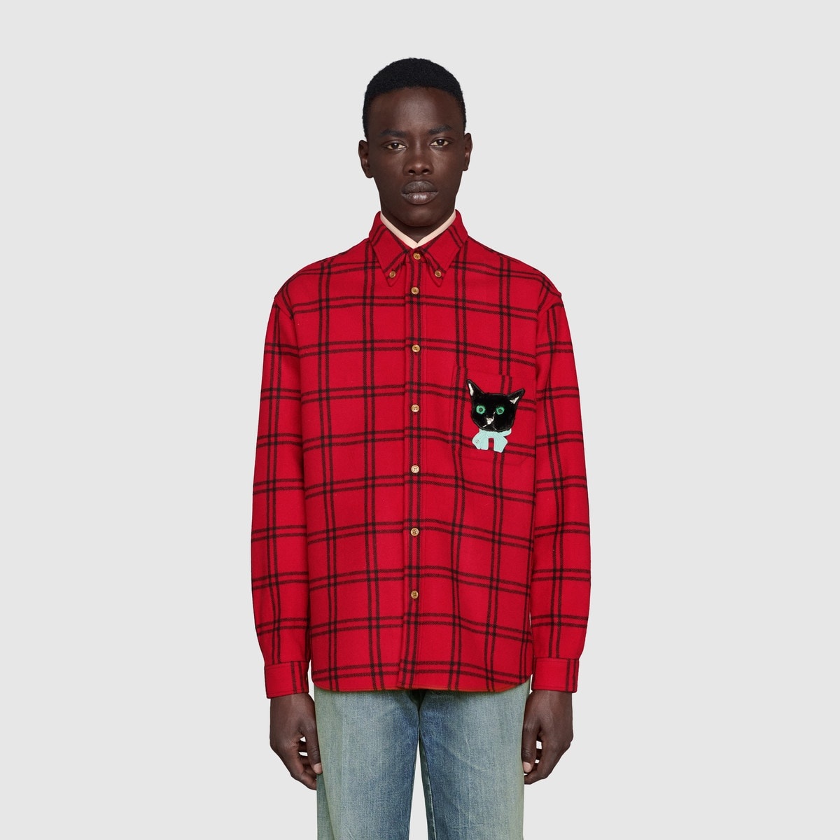 Check wool shirt with Gucci cat patch - 3