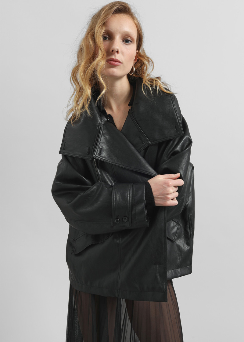 Amunta Faux Leather Trench Jacket - Black 8