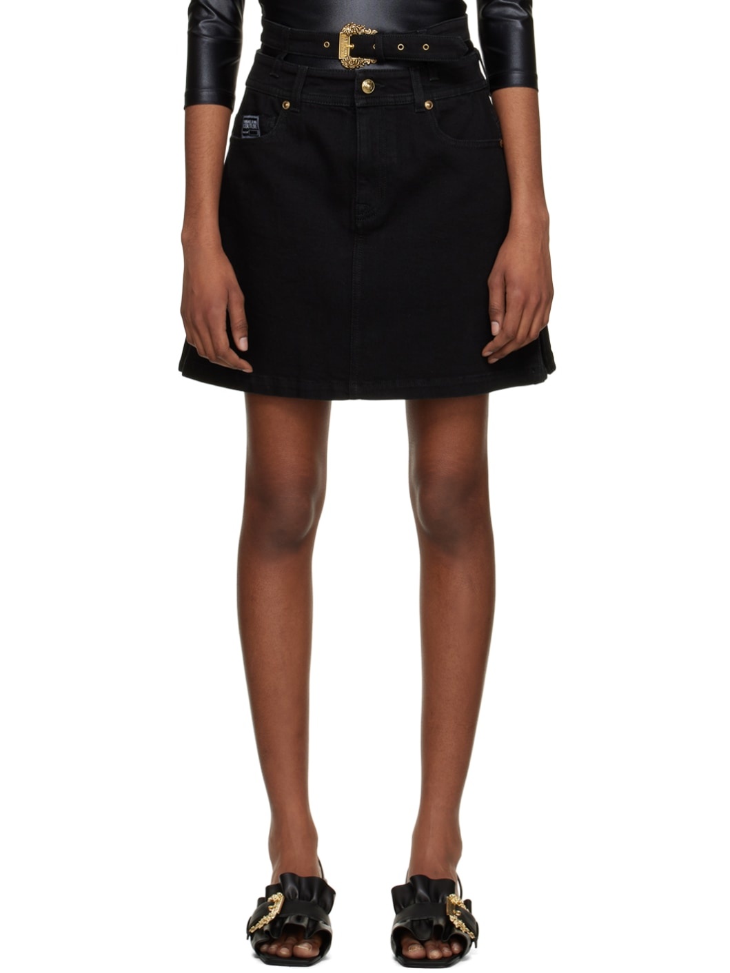 Black Baroque Buckle Denim Miniskirt - 1