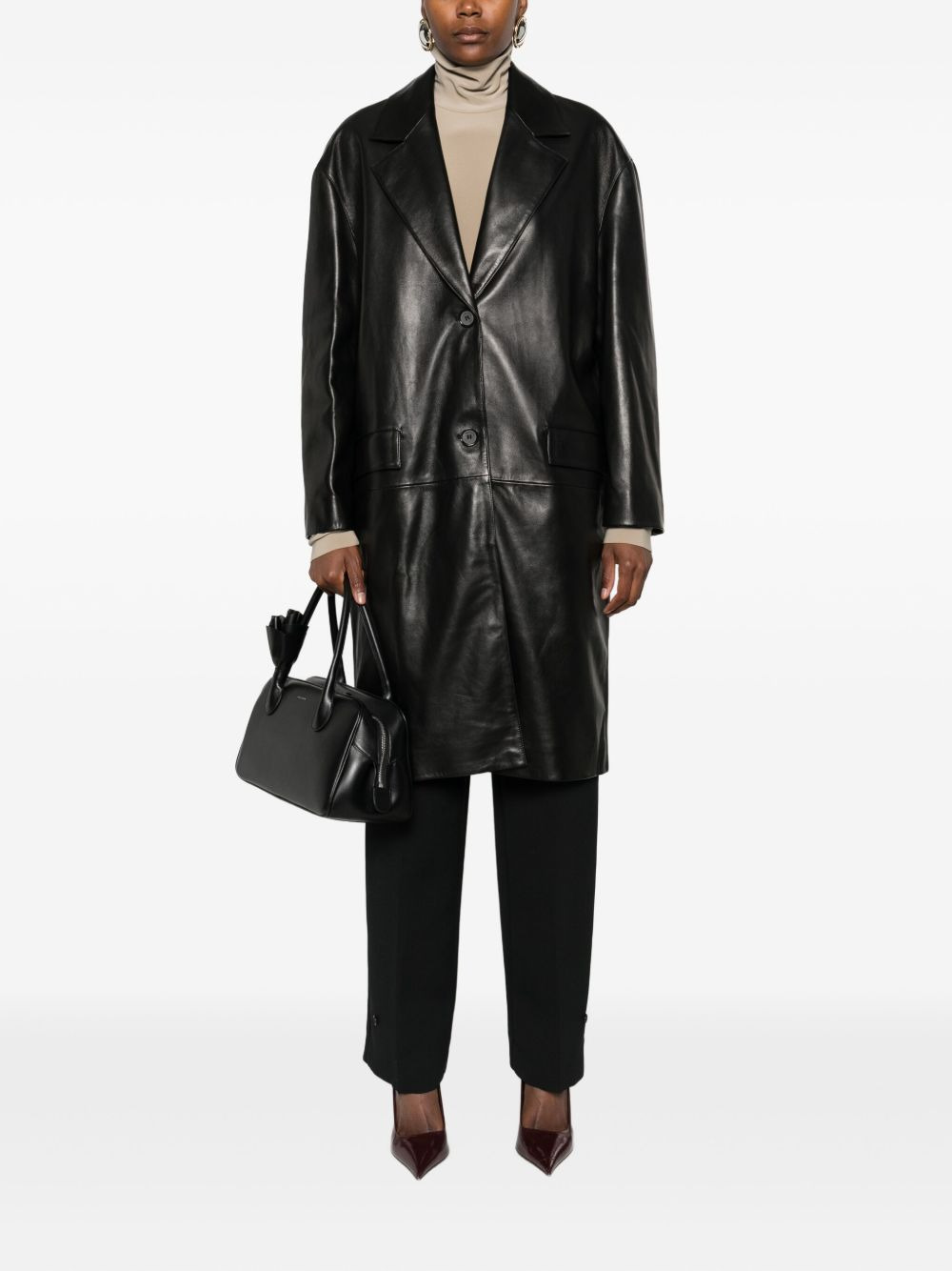leather button-fastening coat - 2