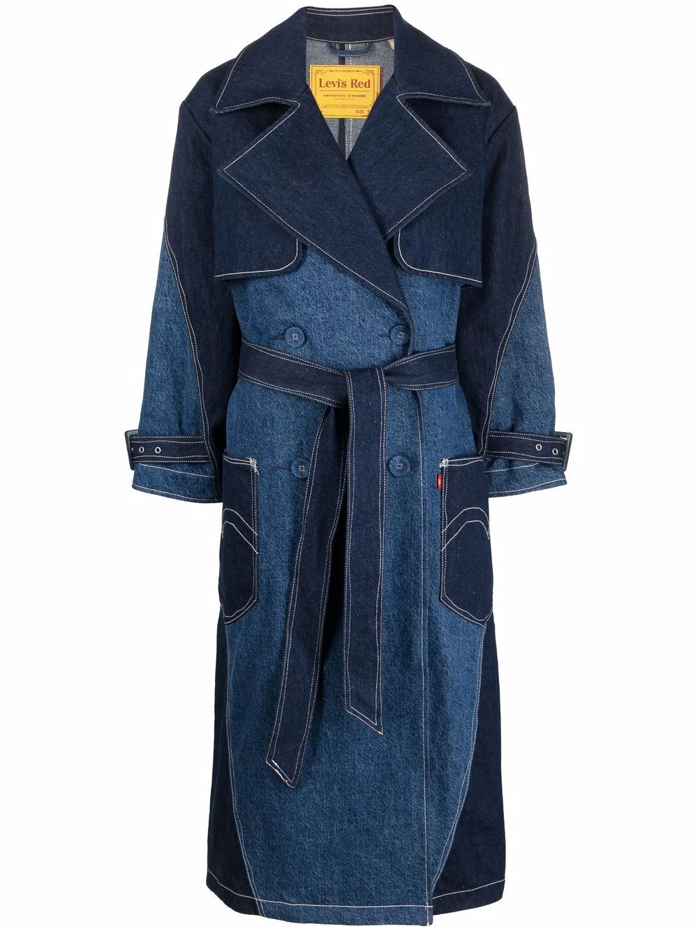 crystalline patchwork denim trench coat - 1