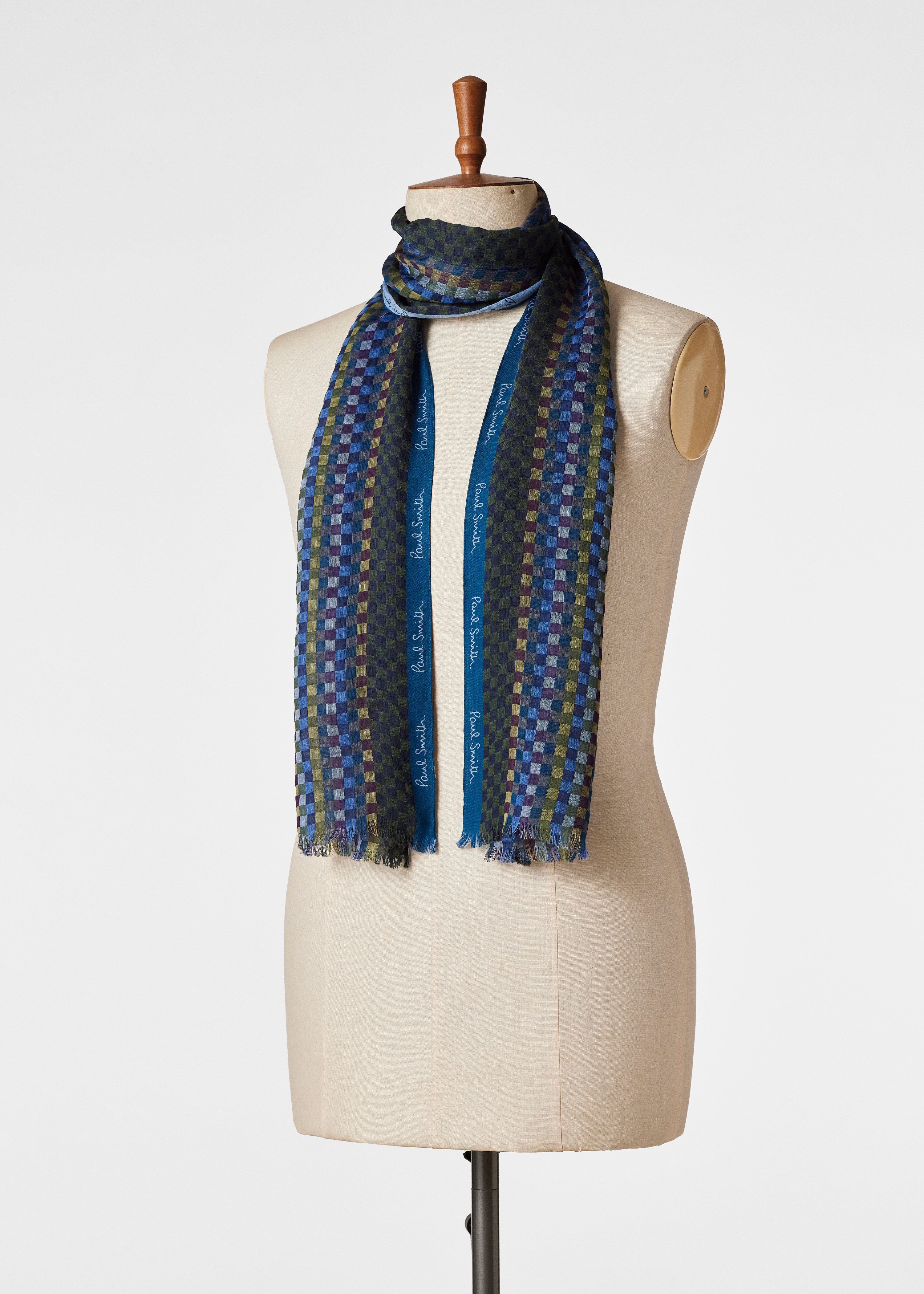 Teal Blue Check Merino Wool-Silk Blend Scarf - 5