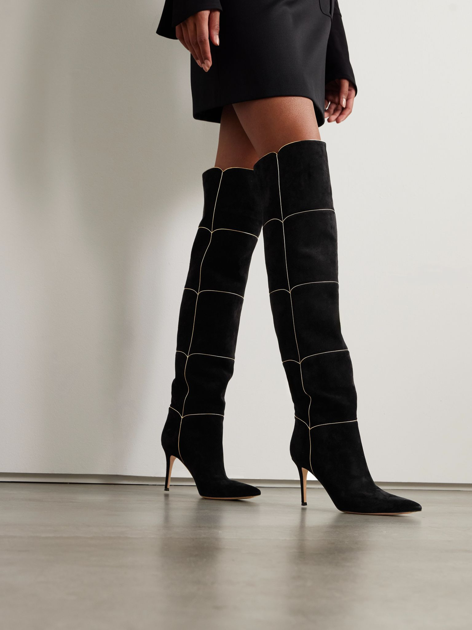 Clarice 85 metallic leather-trimmed suede over-the-knee boots Black - 2