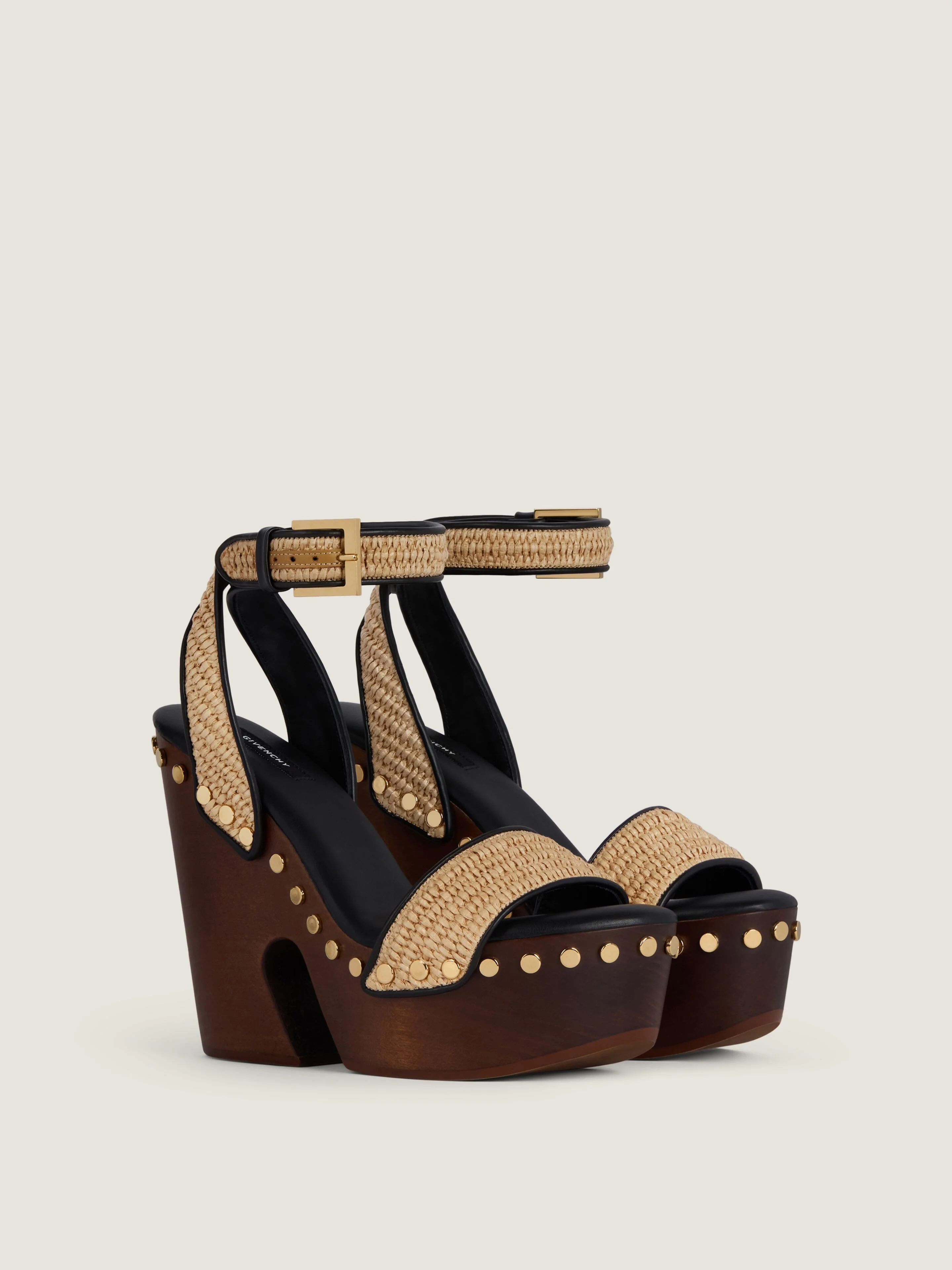 CLOG RAFFIA-EFFECT PLATFORM SANDALS WITH STUDS DETAIL - 1