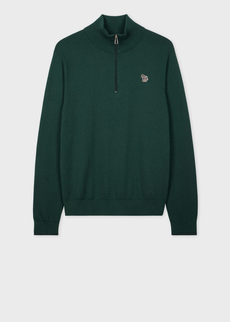 Dark Green Cotton-Blend Zebra Logo Half Zip Sweater 1