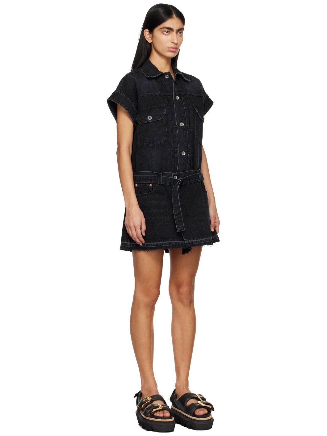 Black Belted Denim Minidress - 2