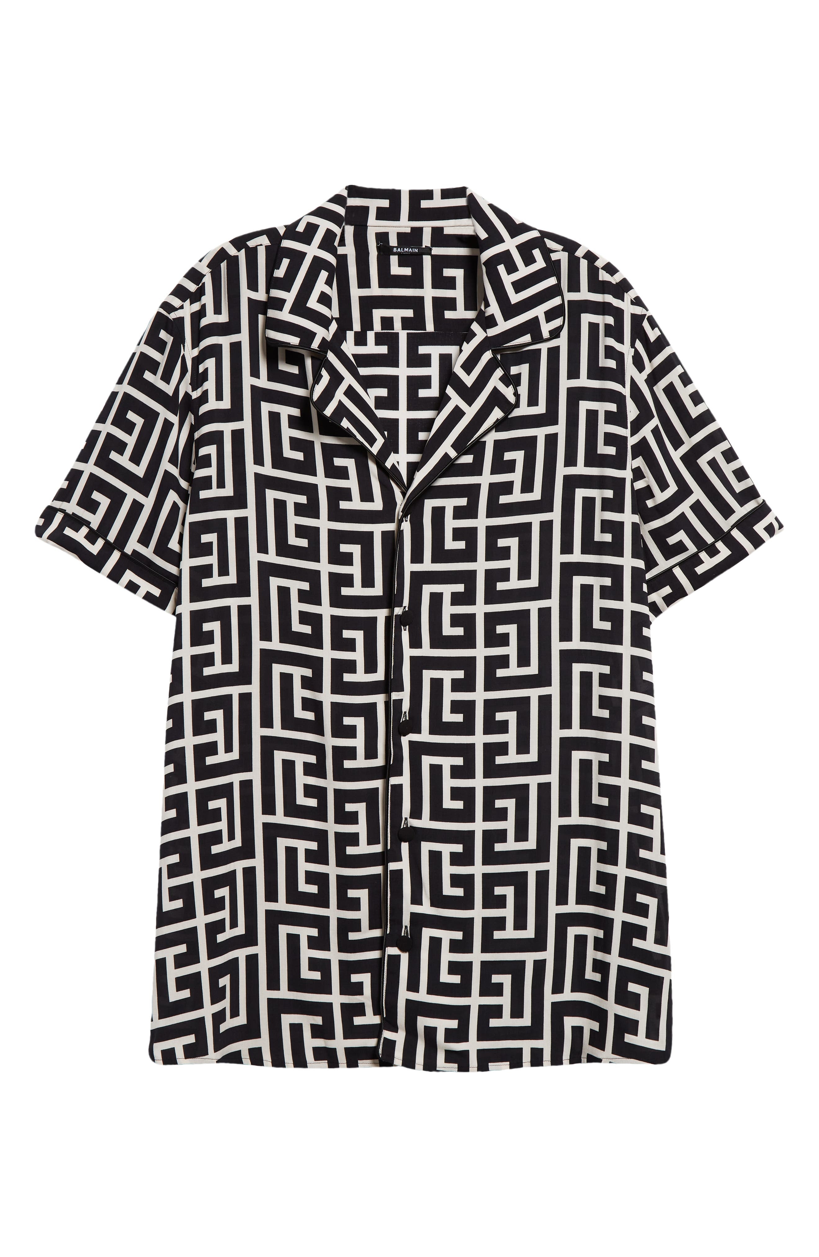 Balmain Macro Monogram Short Sleeve Pajama Shirt in Ivory/Black at Nordstrom - 6