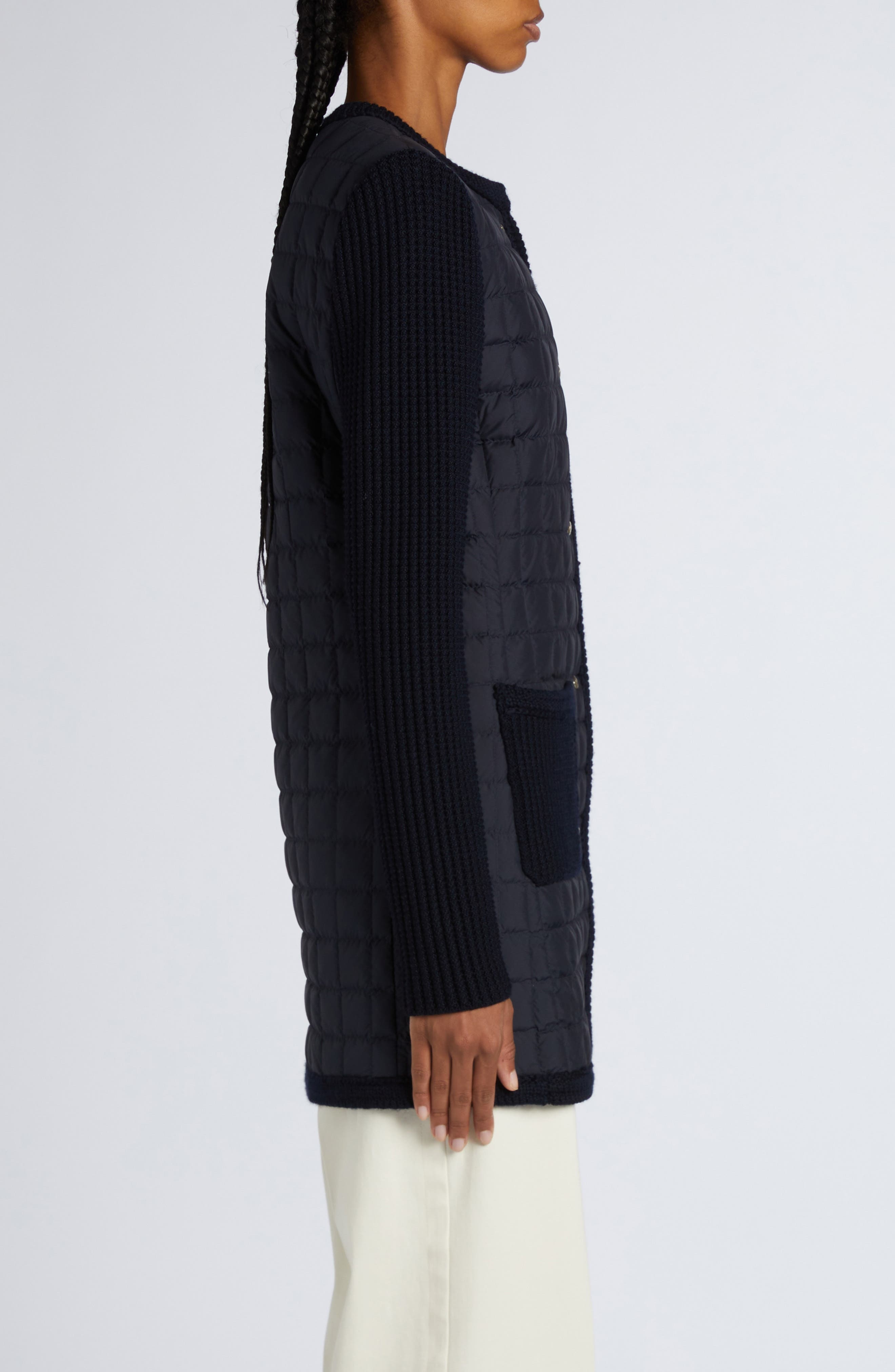 Moncler Quilted Down & Wool Knit Cardigan in Navy Blue at Nordstrom - 4