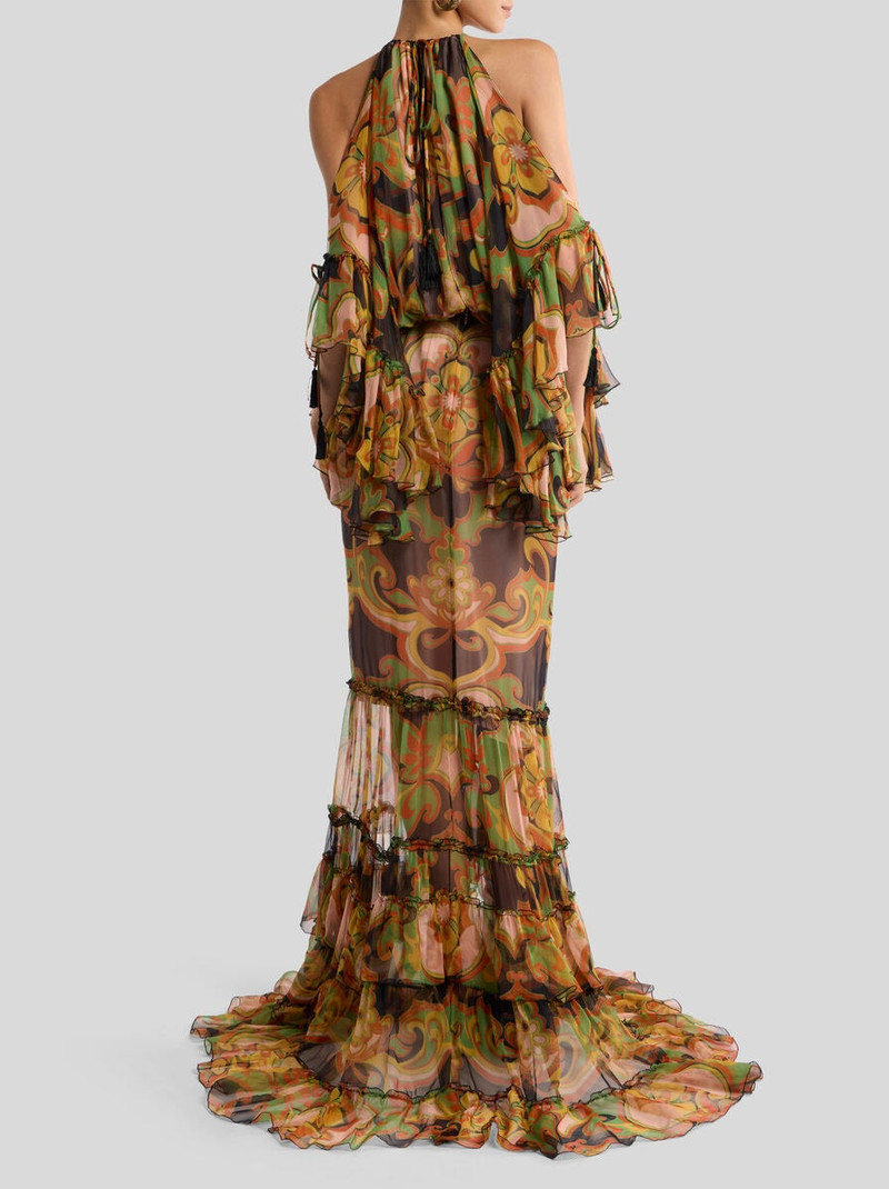 LONG SILK DRESS WITH RUFFLES AND PLACED FLORAL PRINT 4
