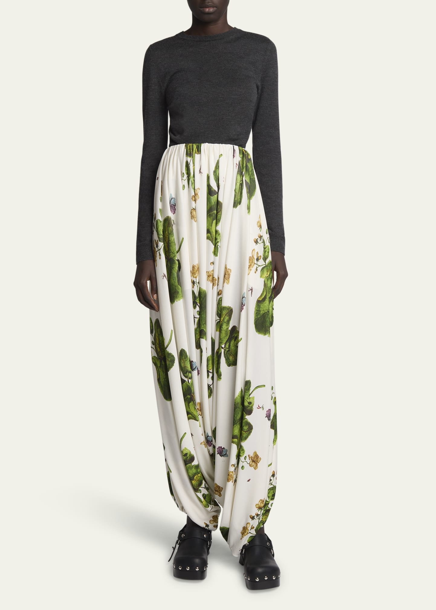 Leaf-Print Draped Wide-Leg Trousers - 2