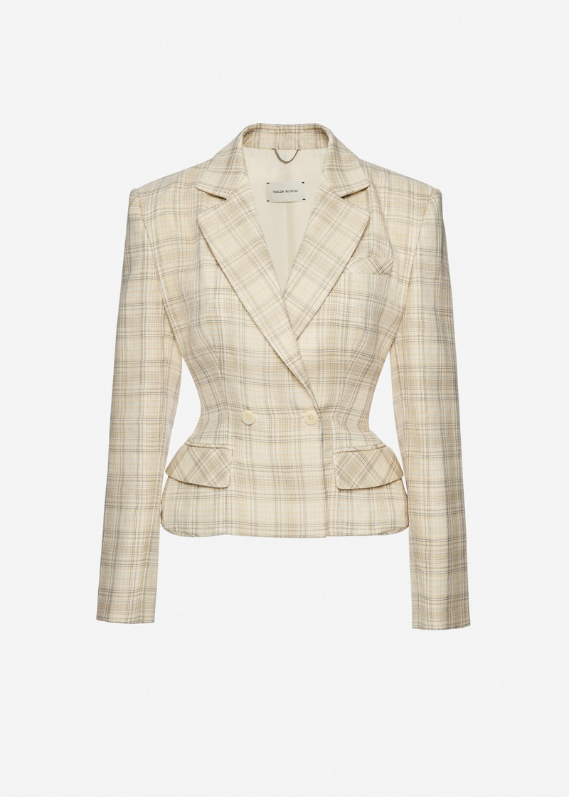 Tailored cotton peplum blazer in cream check 1