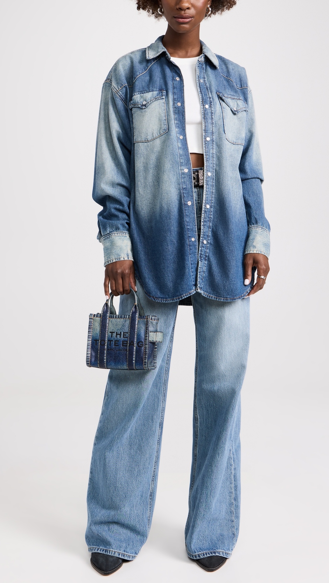 The Denim Printed Leather Crossbody Tote Bag - 2