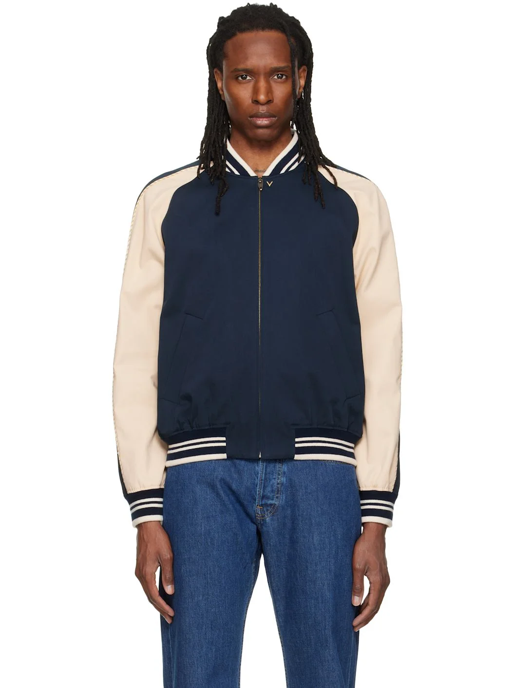 Navy Canvas & Fine Gabardine Bomber Jacket - 1