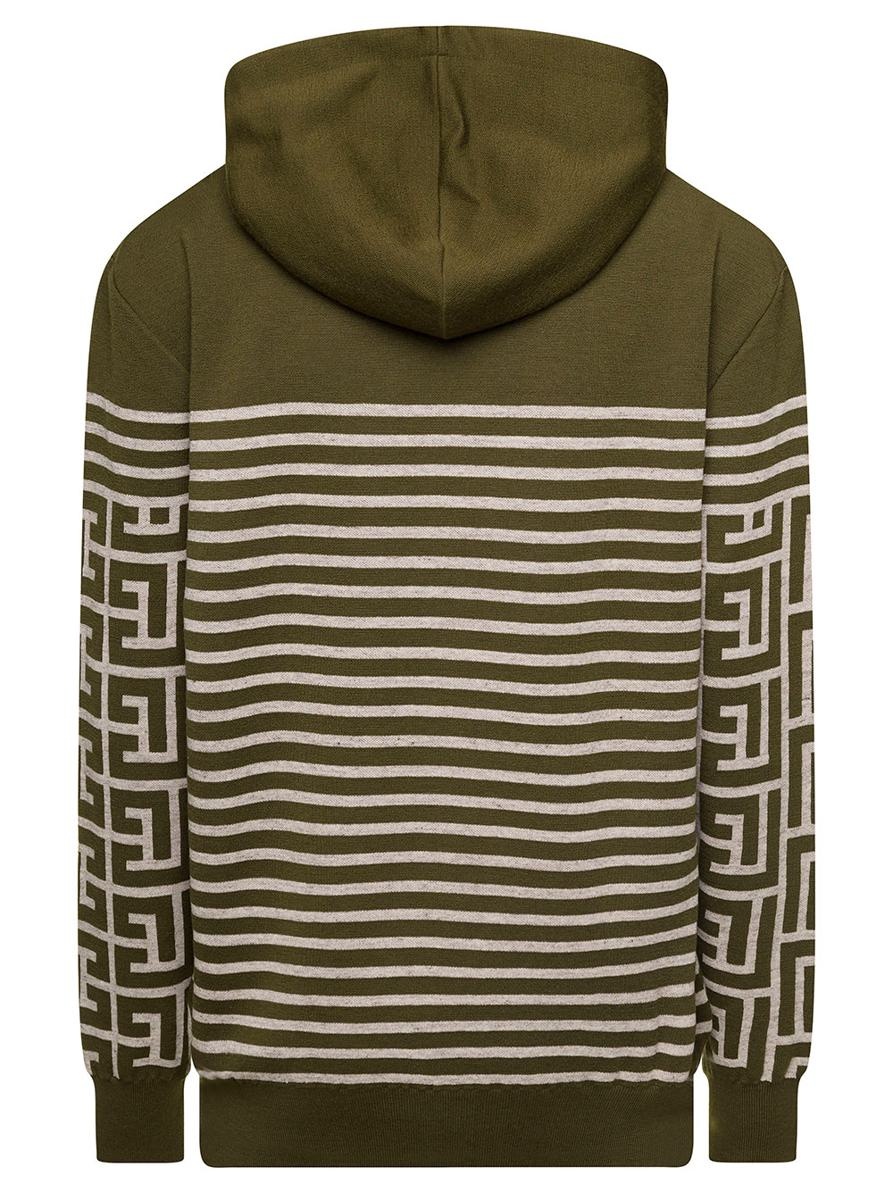 BALMAIN MILITARY GREEN HOODIE WITH MONOGRAM AND STRIPES IN WOOL AND LINEN MAN - 2