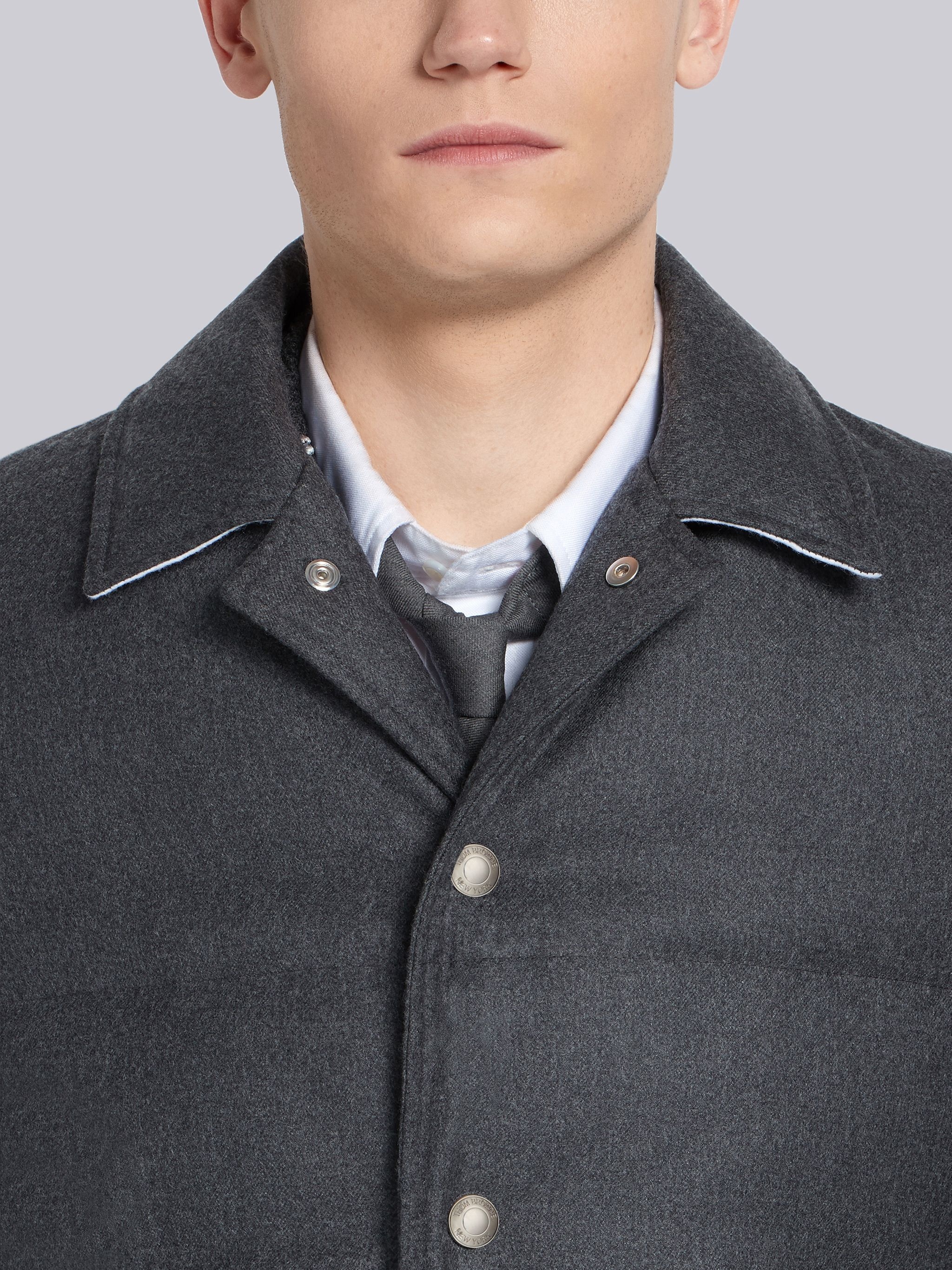 Dark Grey Down Filled Solid Wool Flannel Bal Collar Overcoat - 5