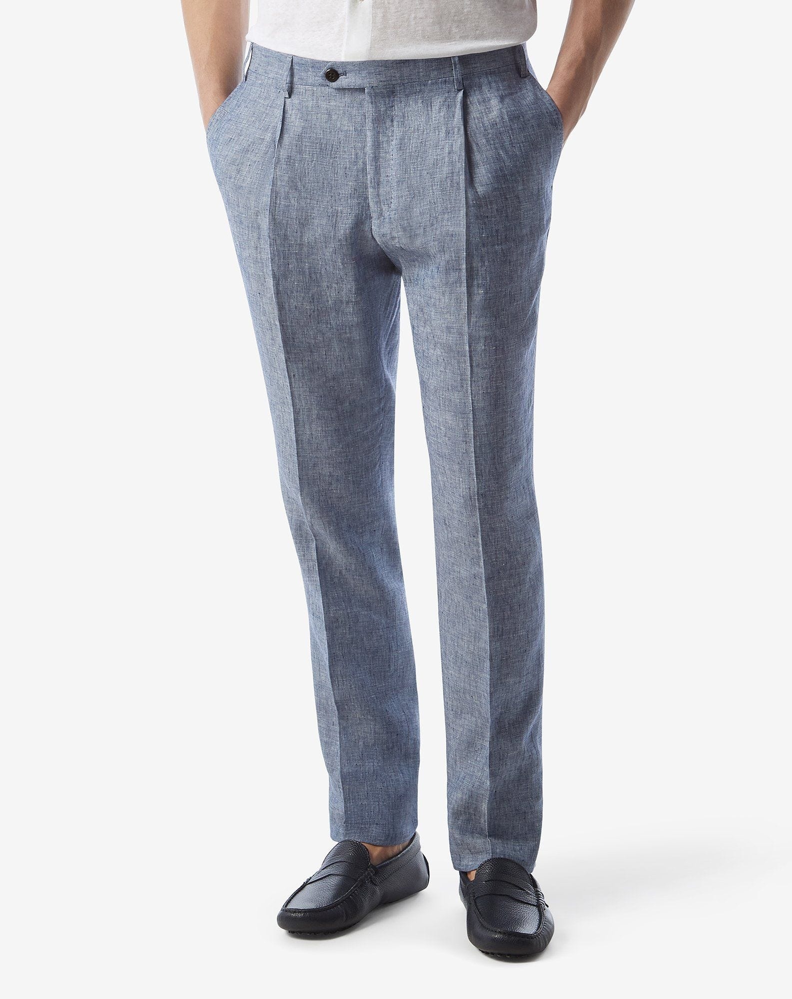 Single-dart denim blue trousers made from pure linen chambray - 3
