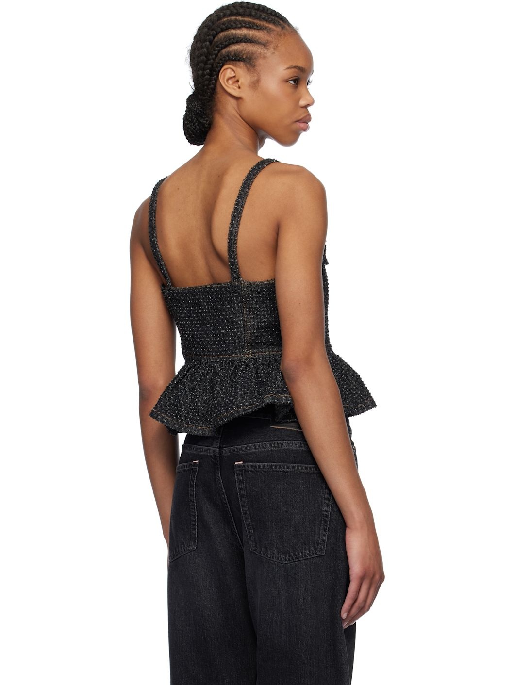 Black Fluffy Denim Strap Top - 3