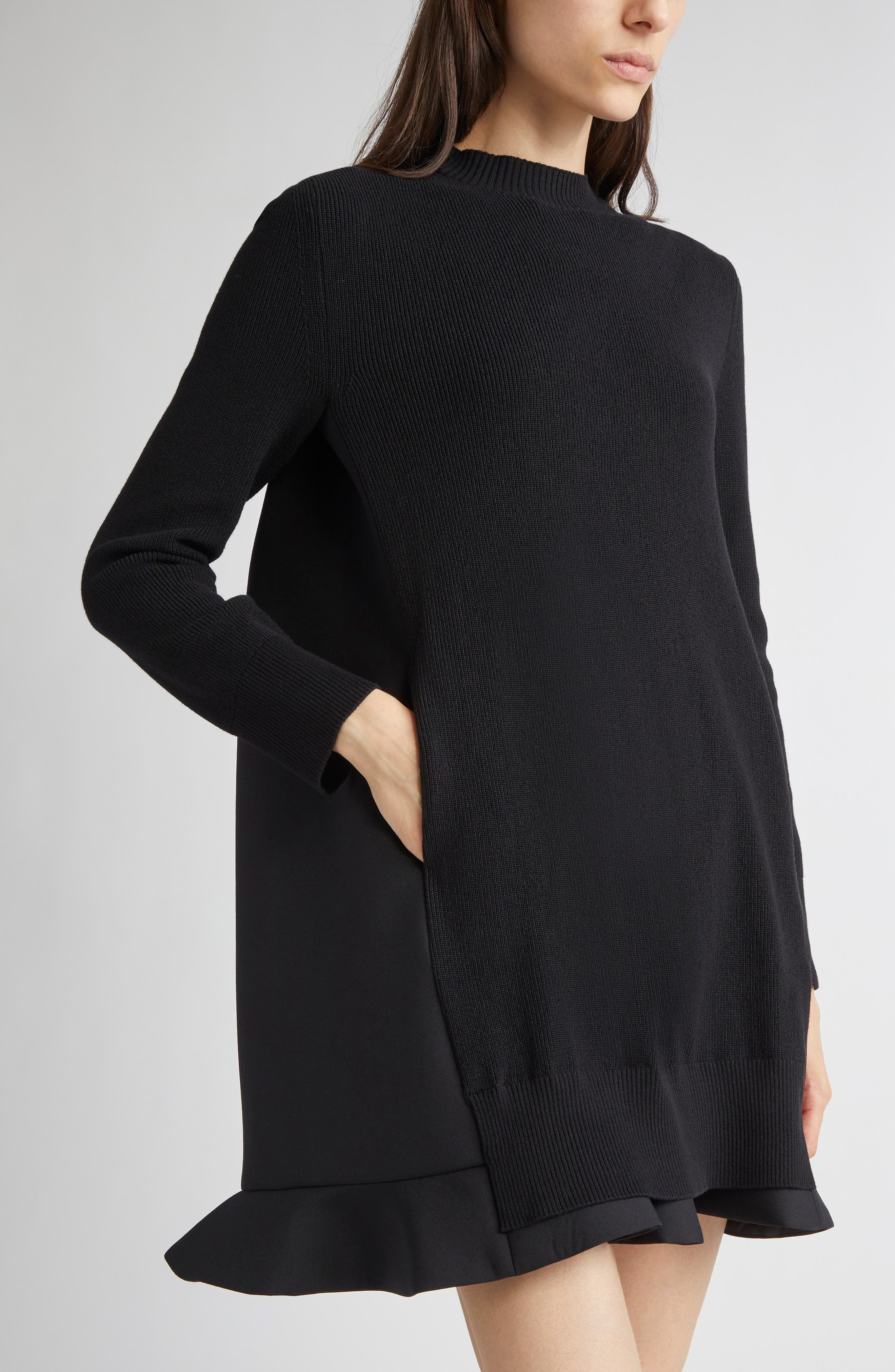 Sacai Suiting Mixed Media Long Sleeve Sweater Dress in Black at Nordstrom - 4